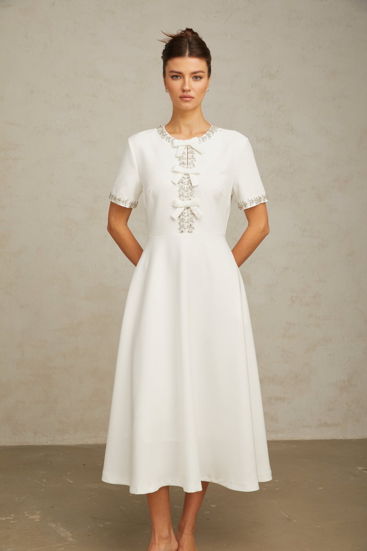 Cassiopeia crystal-accented bow midi dress in White (Final Sale)