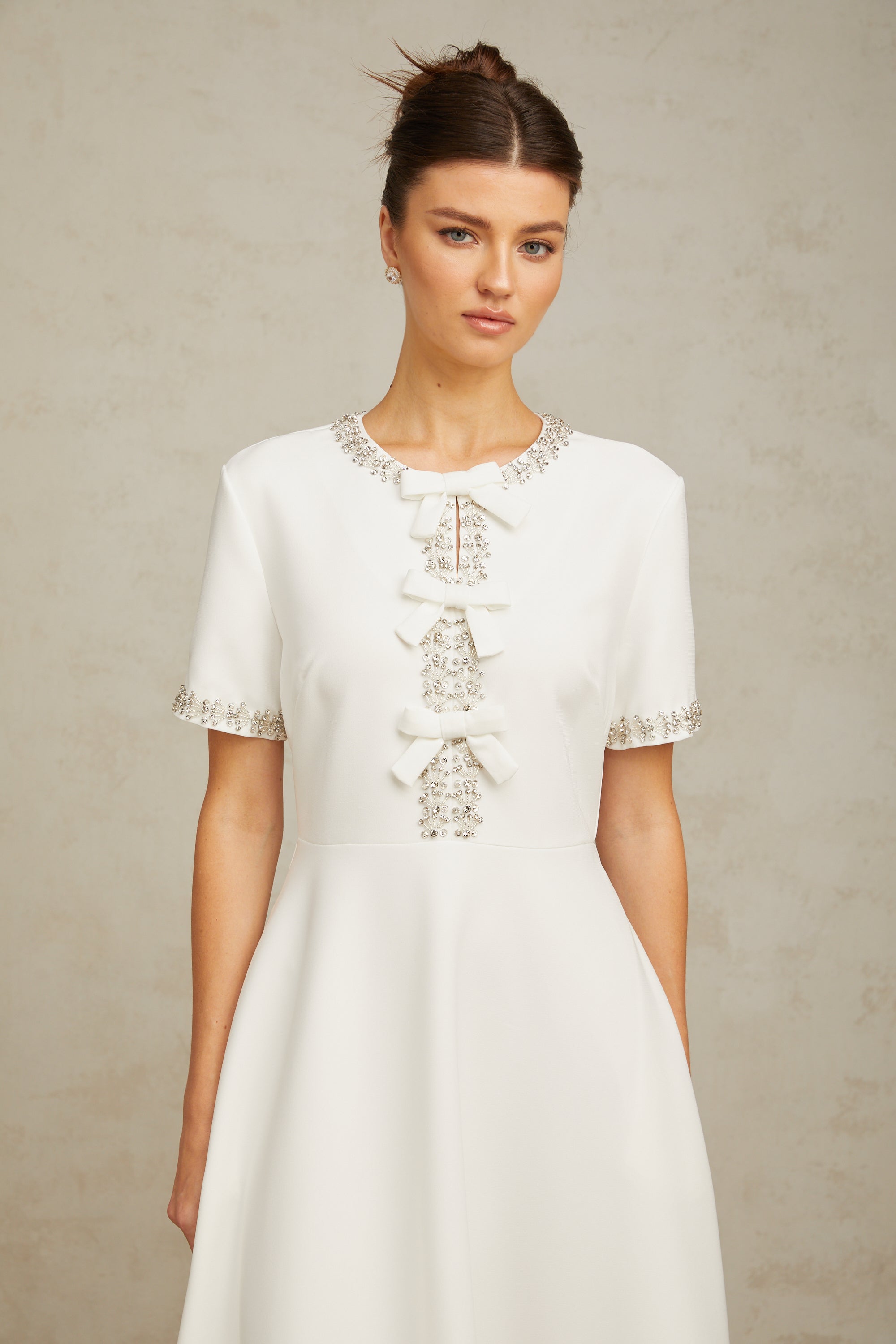 Cassiopeia crystal-accented bow midi dress in White (Final Sale-US Only)