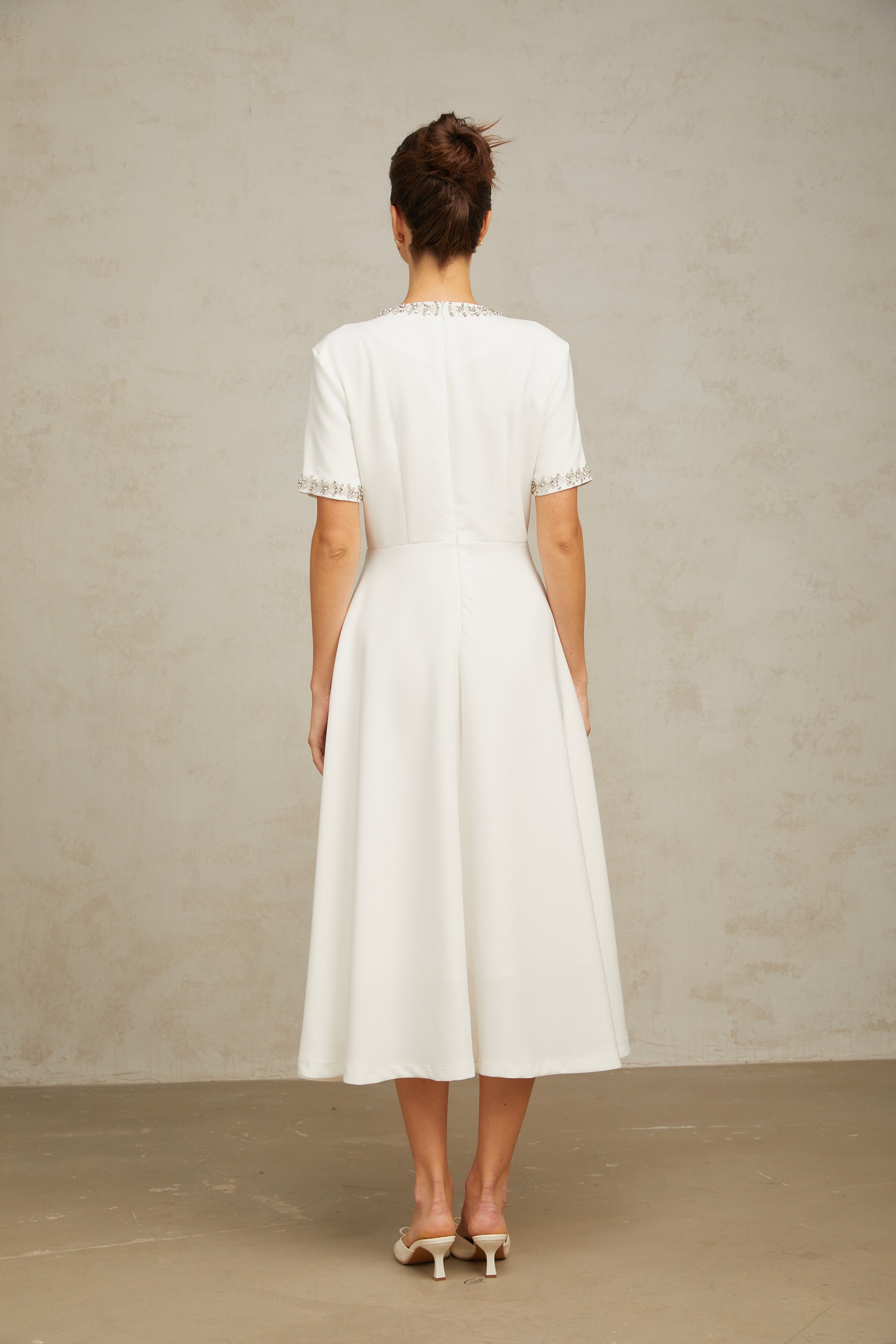 Cassiopeia crystal-accented bow midi dress in White (Final Sale)