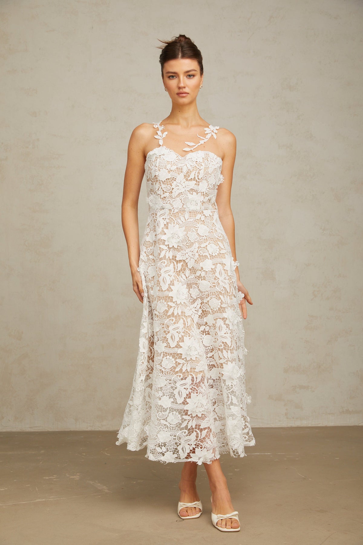 Carole white lace tulle-panelled midi dress