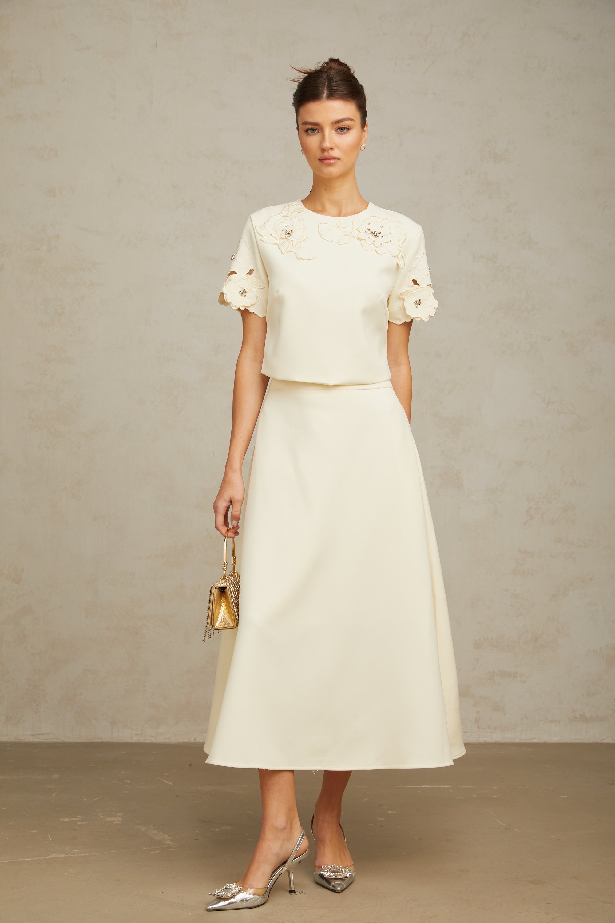 Coralie neutrals 3D-petal top & skirt matching set