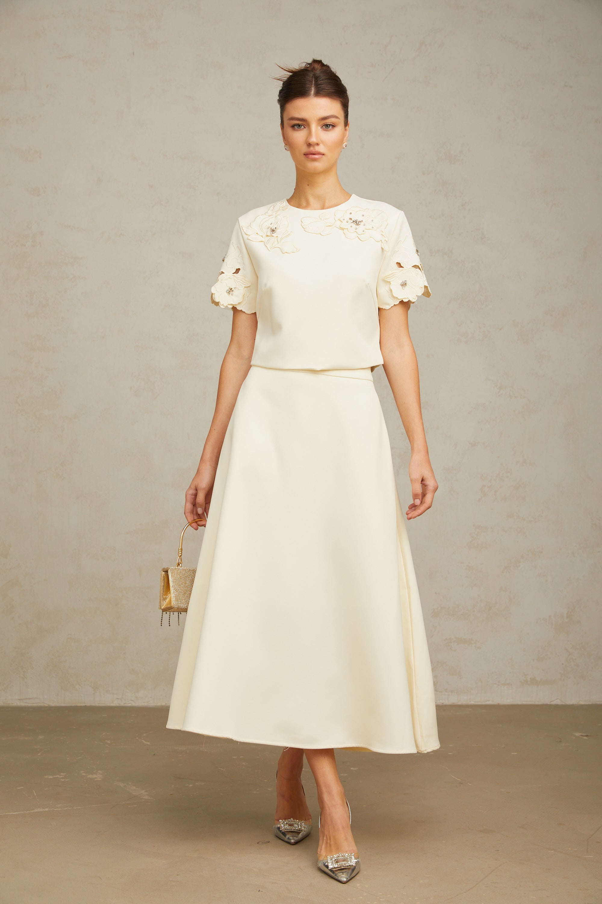 Coralie neutrals 3D-petal top & skirt matching set