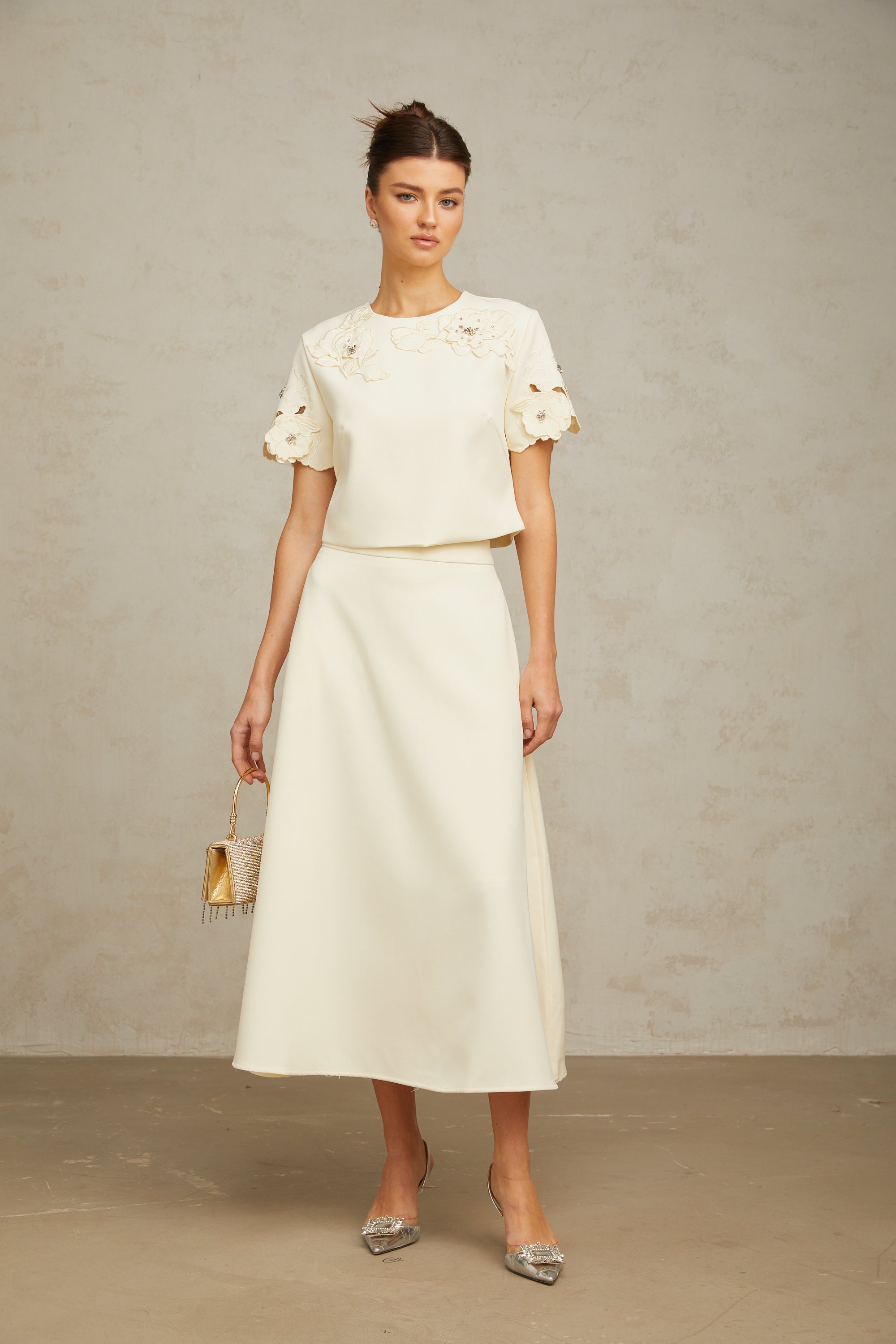 Coralie neutrals 3D-petal top & skirt matching set