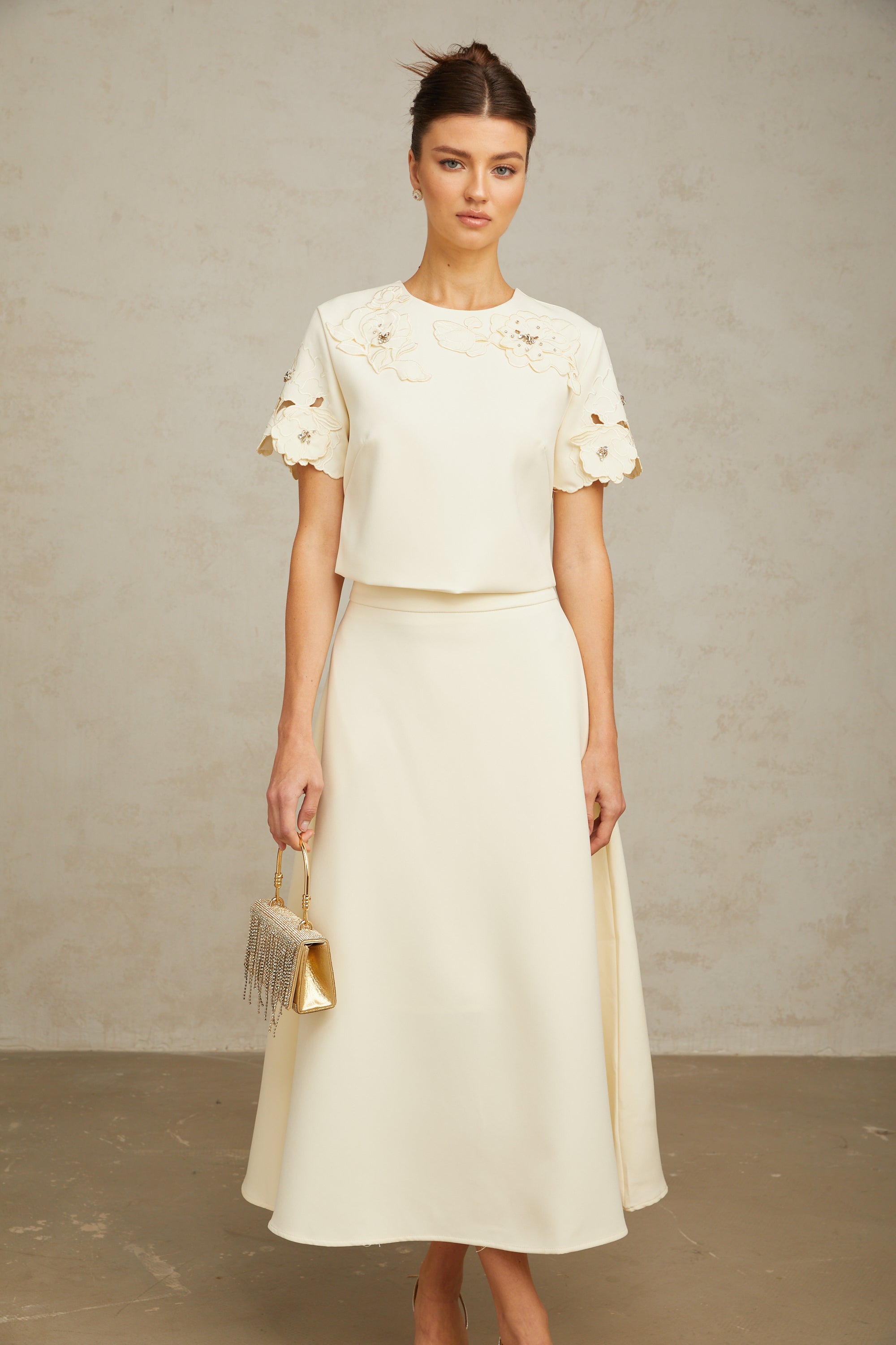 Coralie neutrals 3D-petal top & skirt matching set
