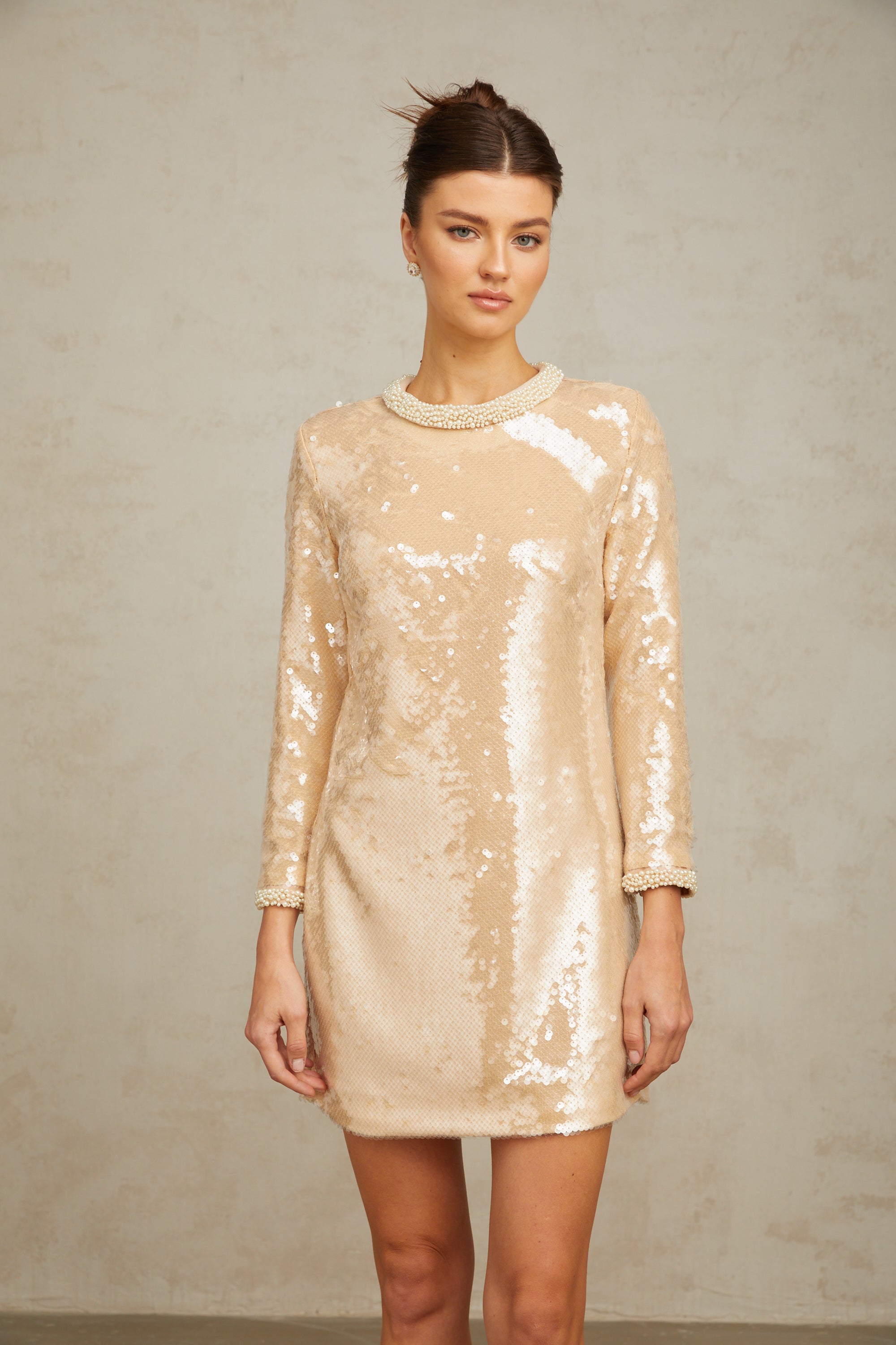 Ornella neutrals faux-pearl sequined mini dress