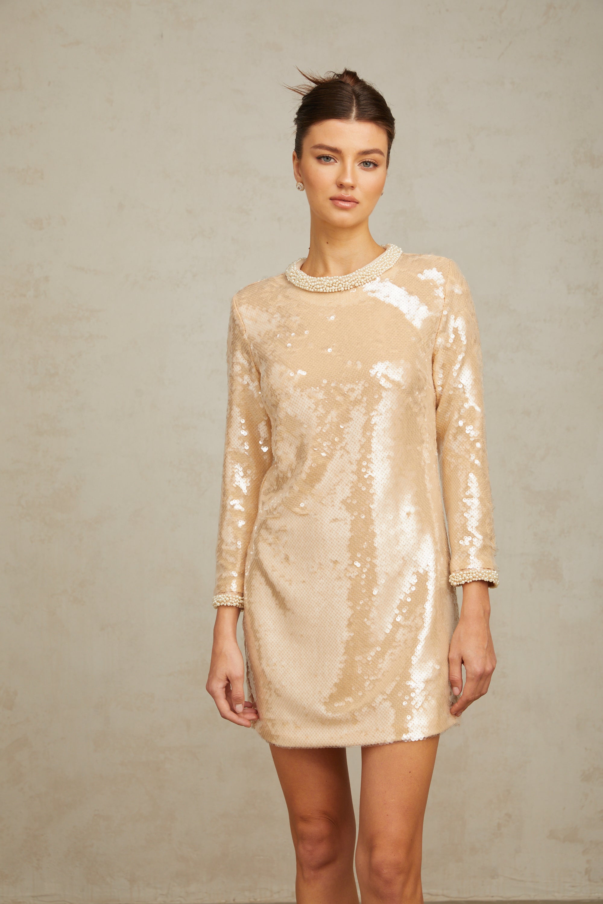 Ornella neutrals faux-pearl sequined mini dress