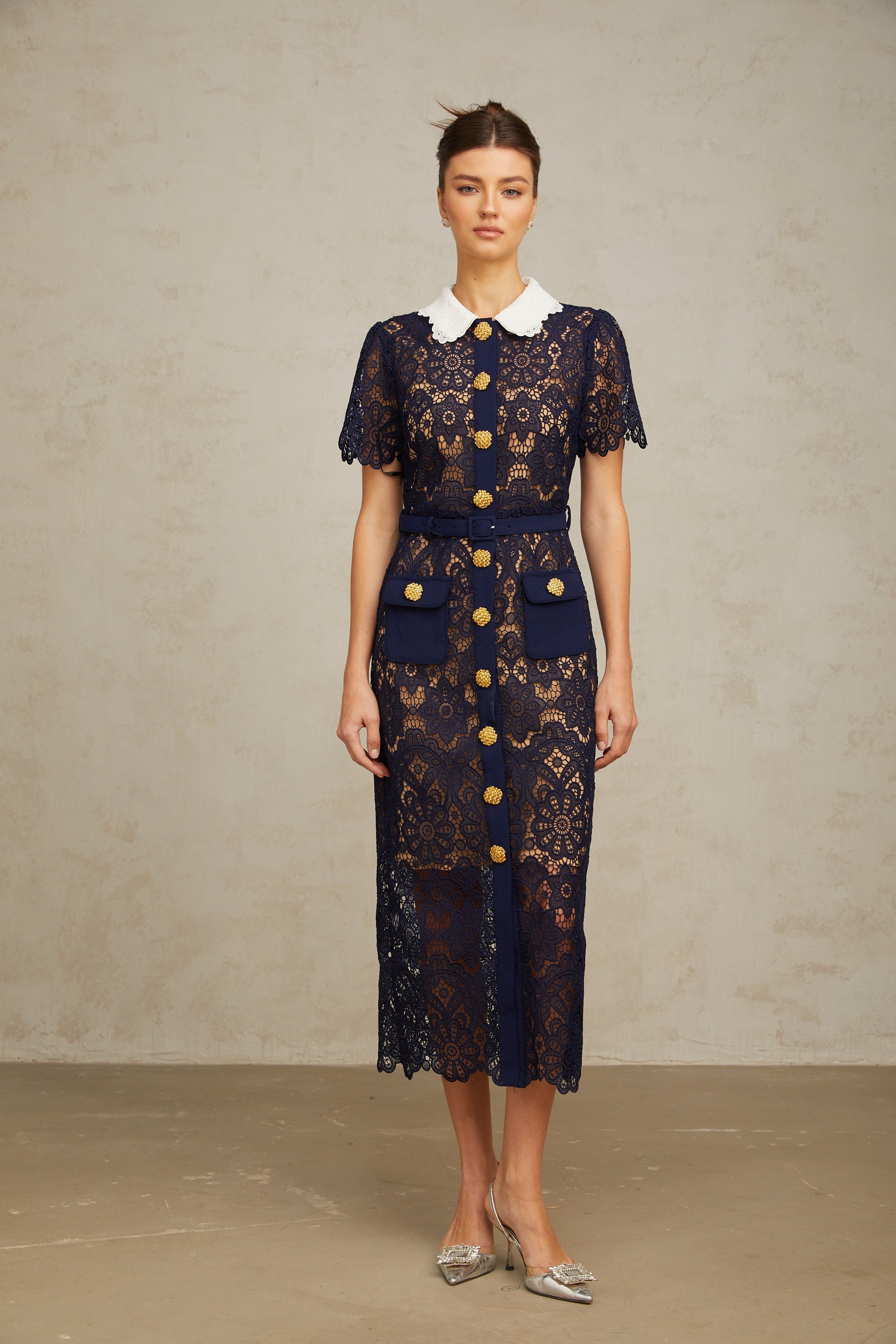 Ariane dark-blue floral crochet-lace midi dress