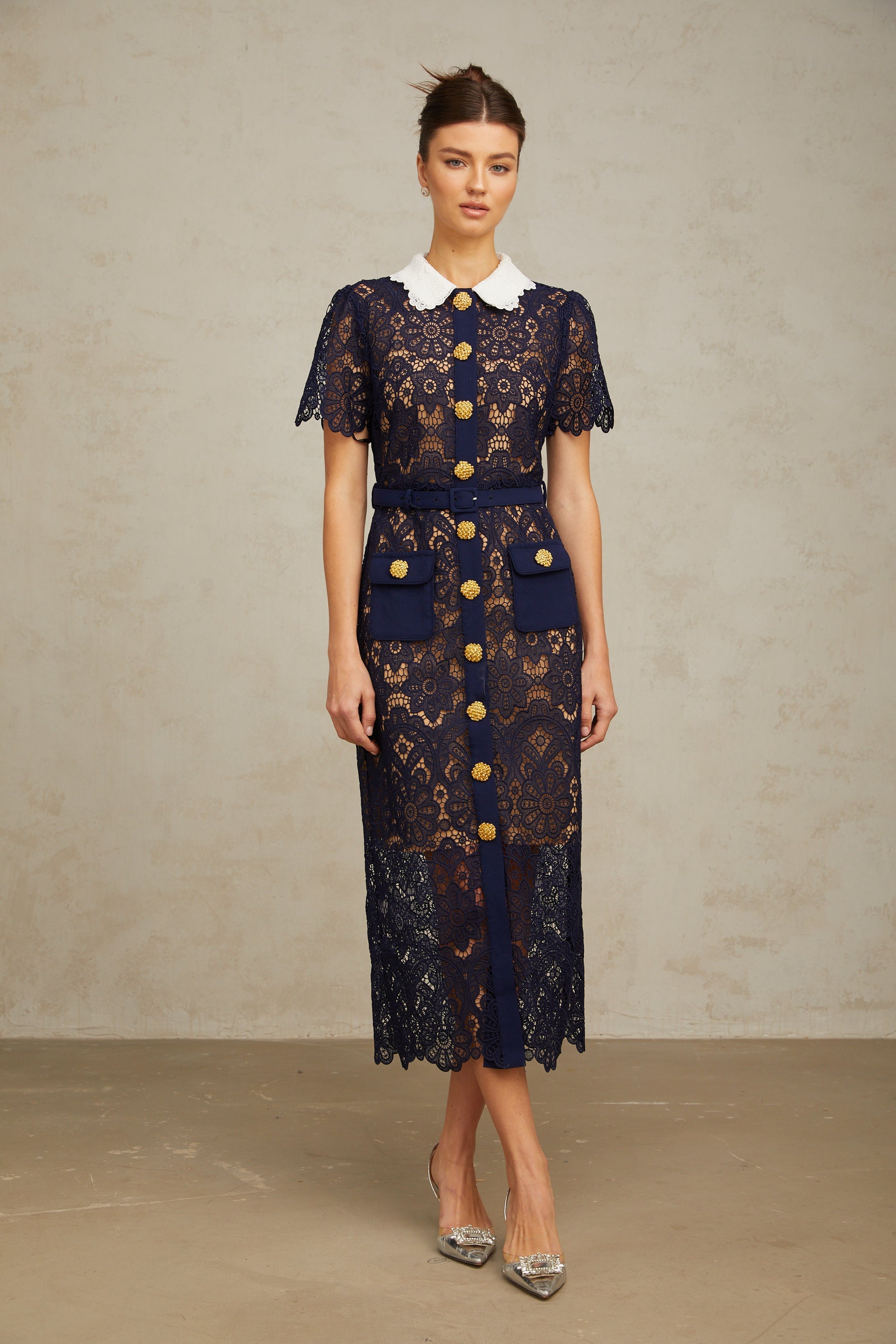 Ariane dark-blue floral crochet-lace midi dress