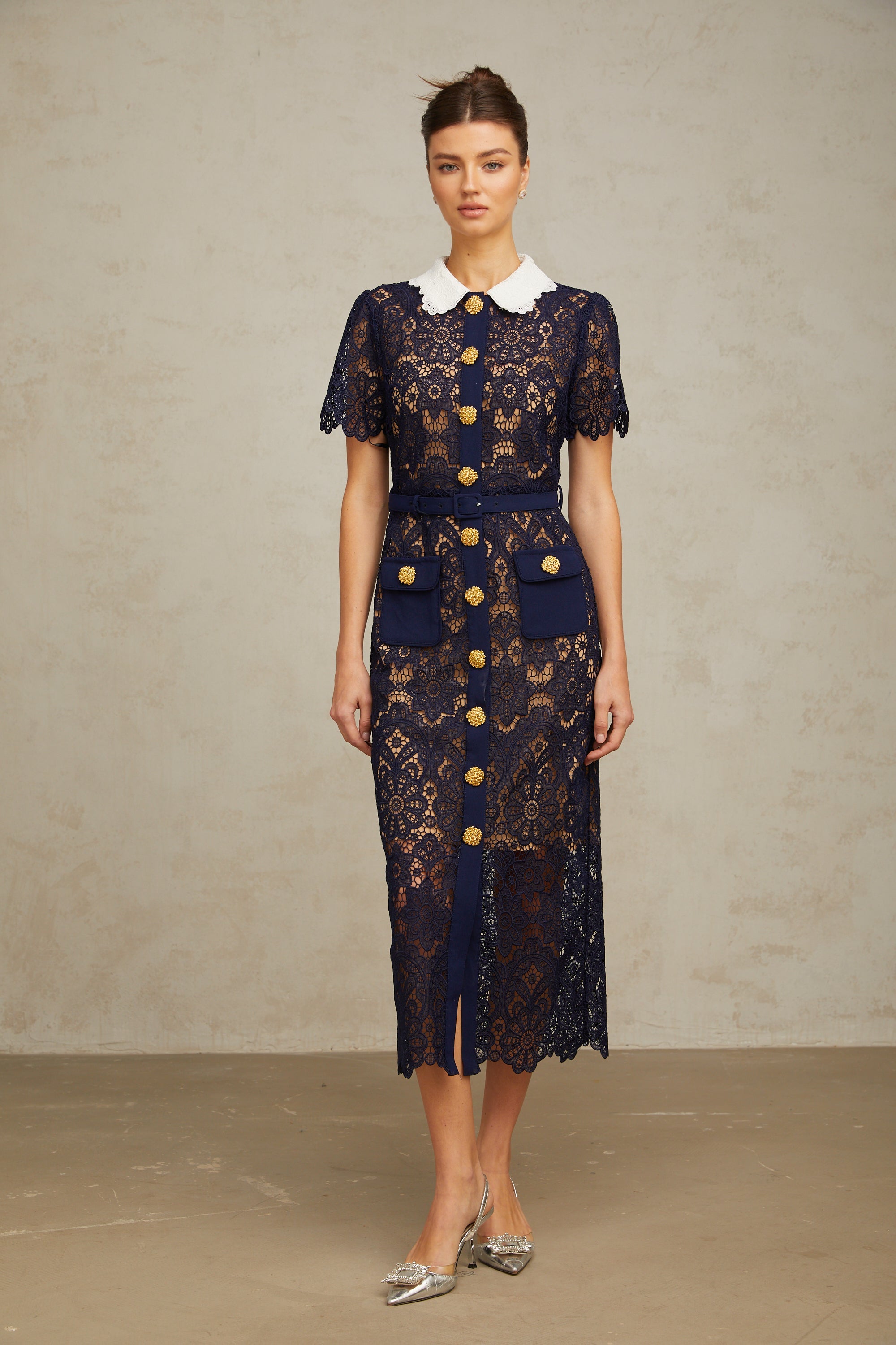 Ariane dark-blue floral crochet-lace midi dress