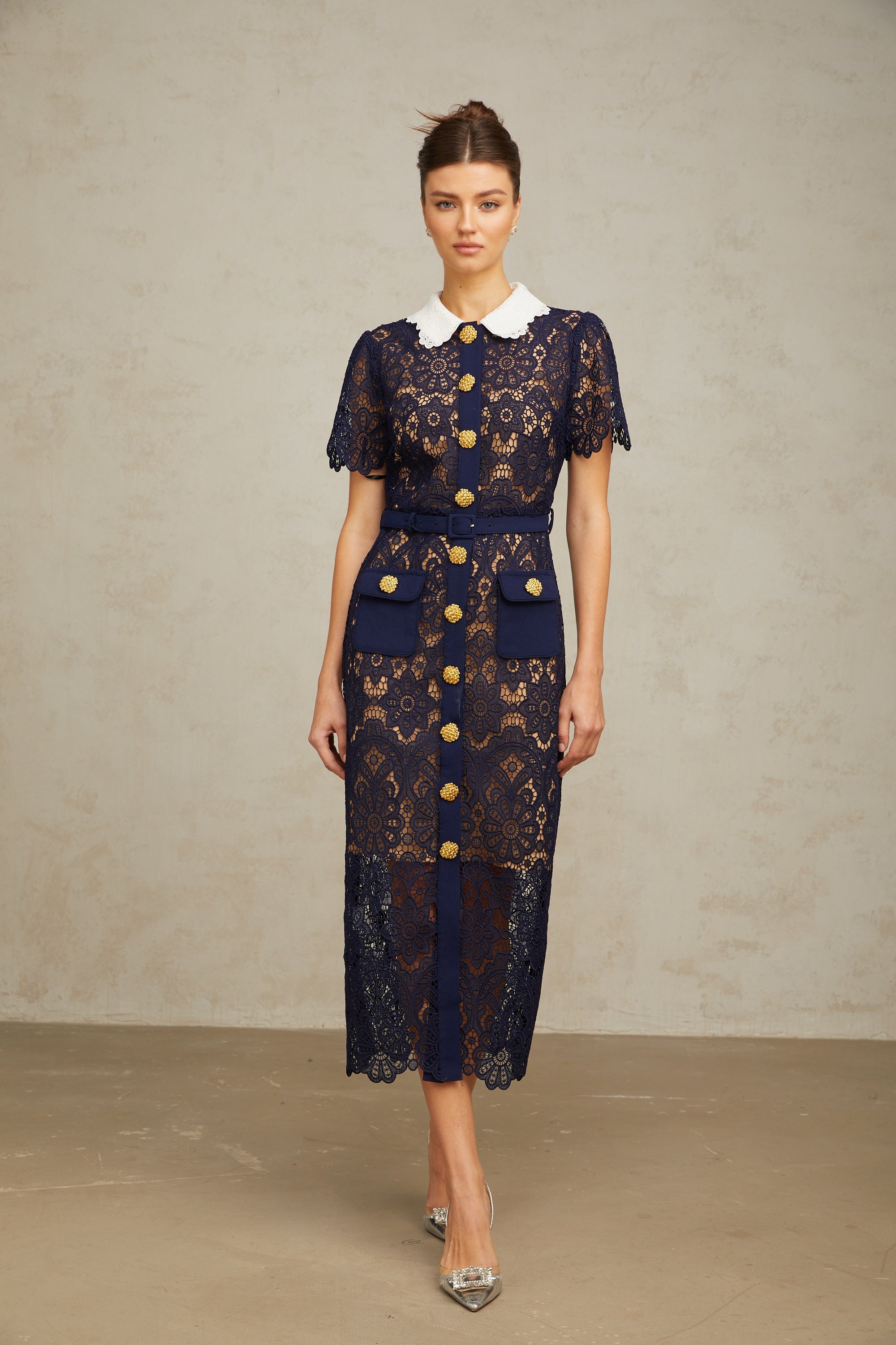 Ariane dark-blue floral crochet-lace midi dress