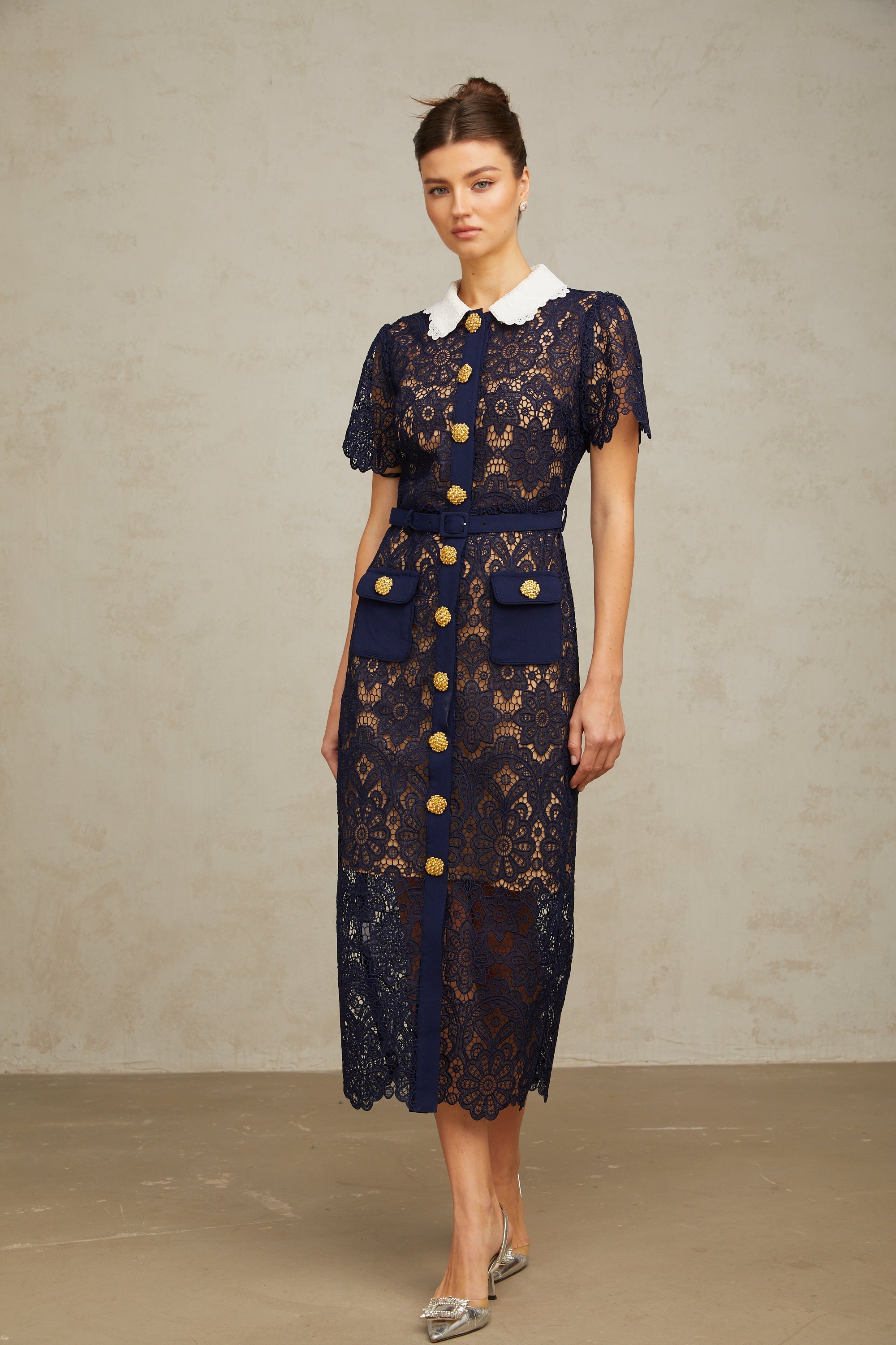 Ariane dark-blue floral crochet-lace midi dress