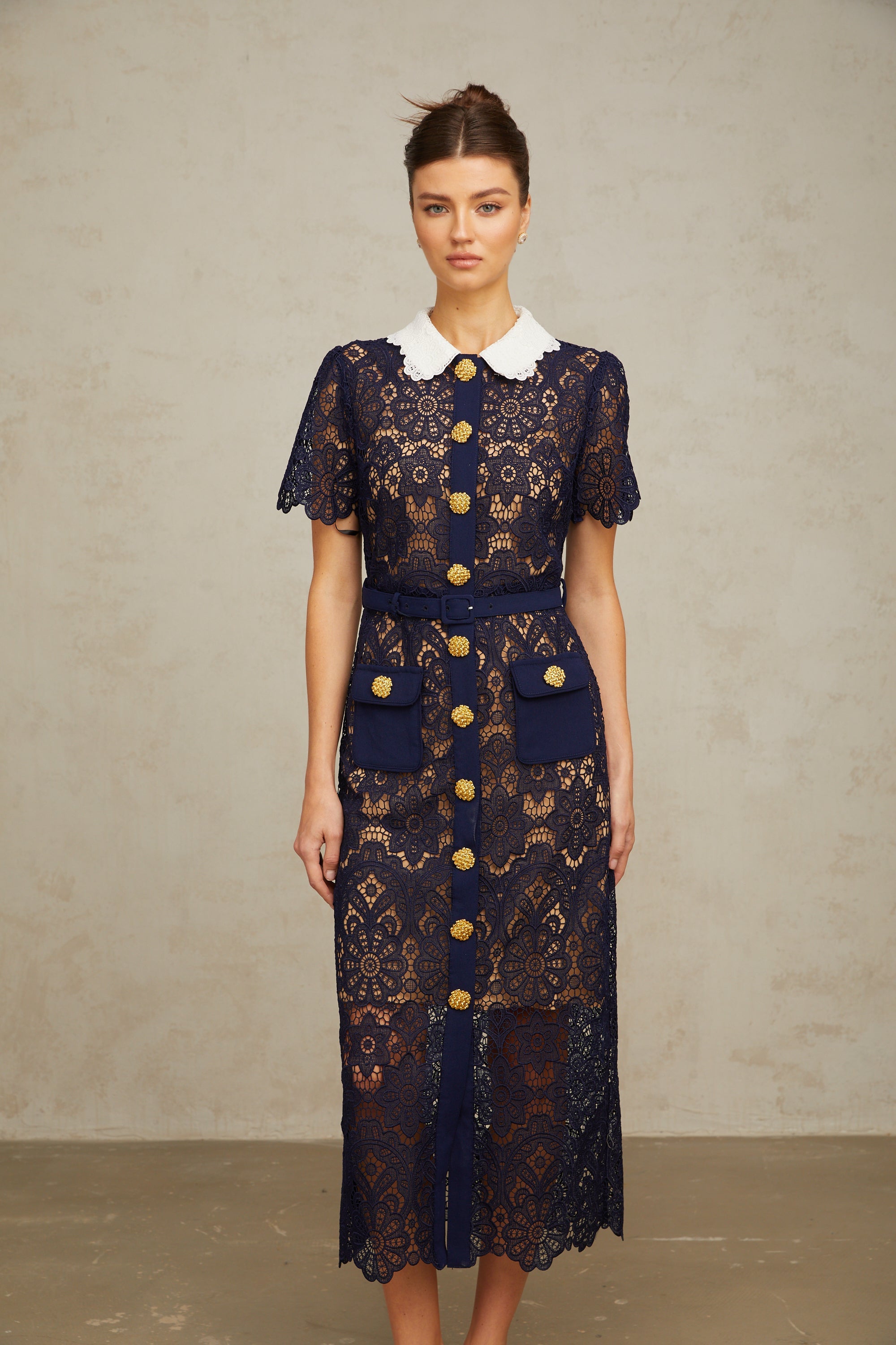 Ariane dark-blue floral crochet-lace midi dress