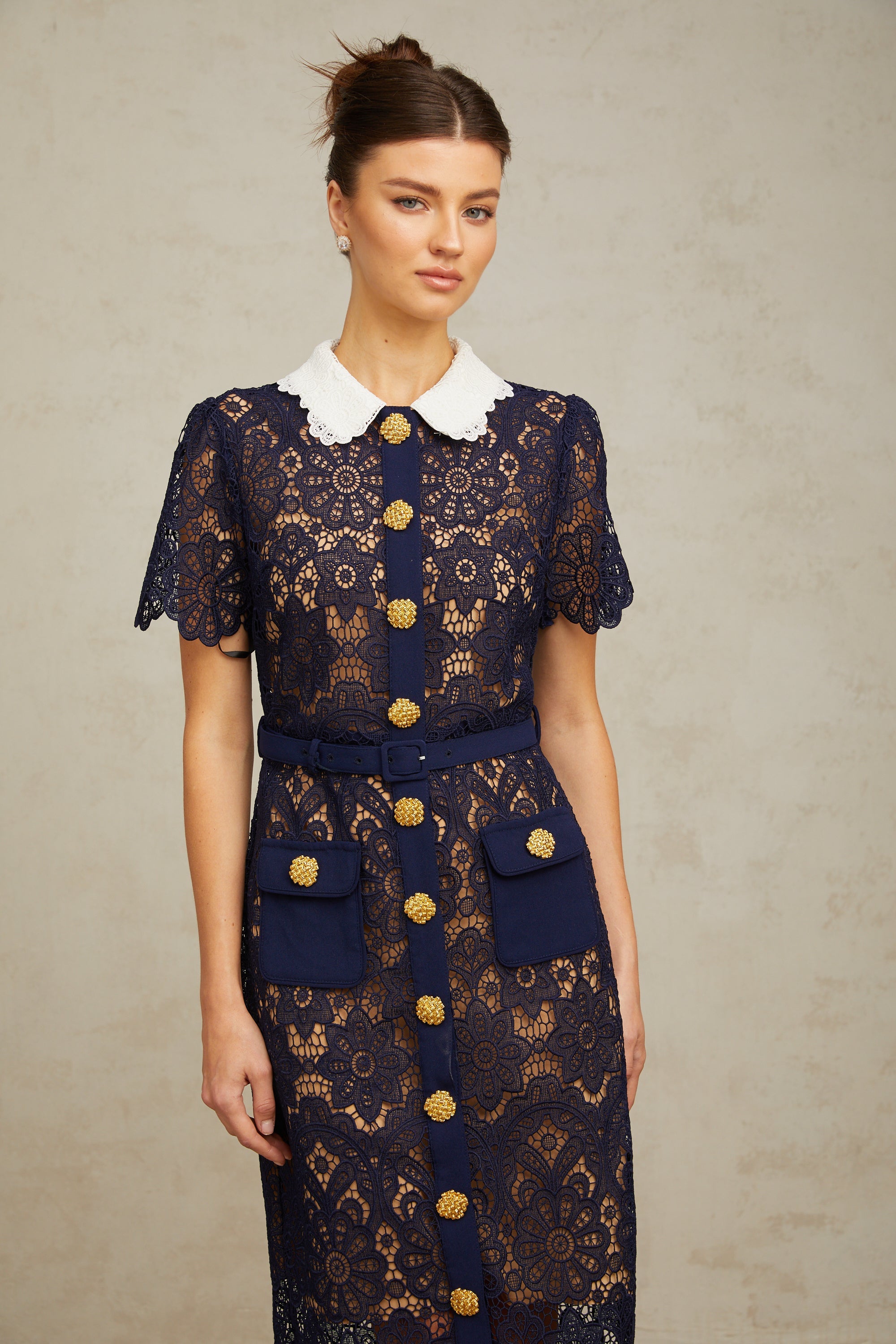 Ariane dark-blue floral crochet-lace midi dress