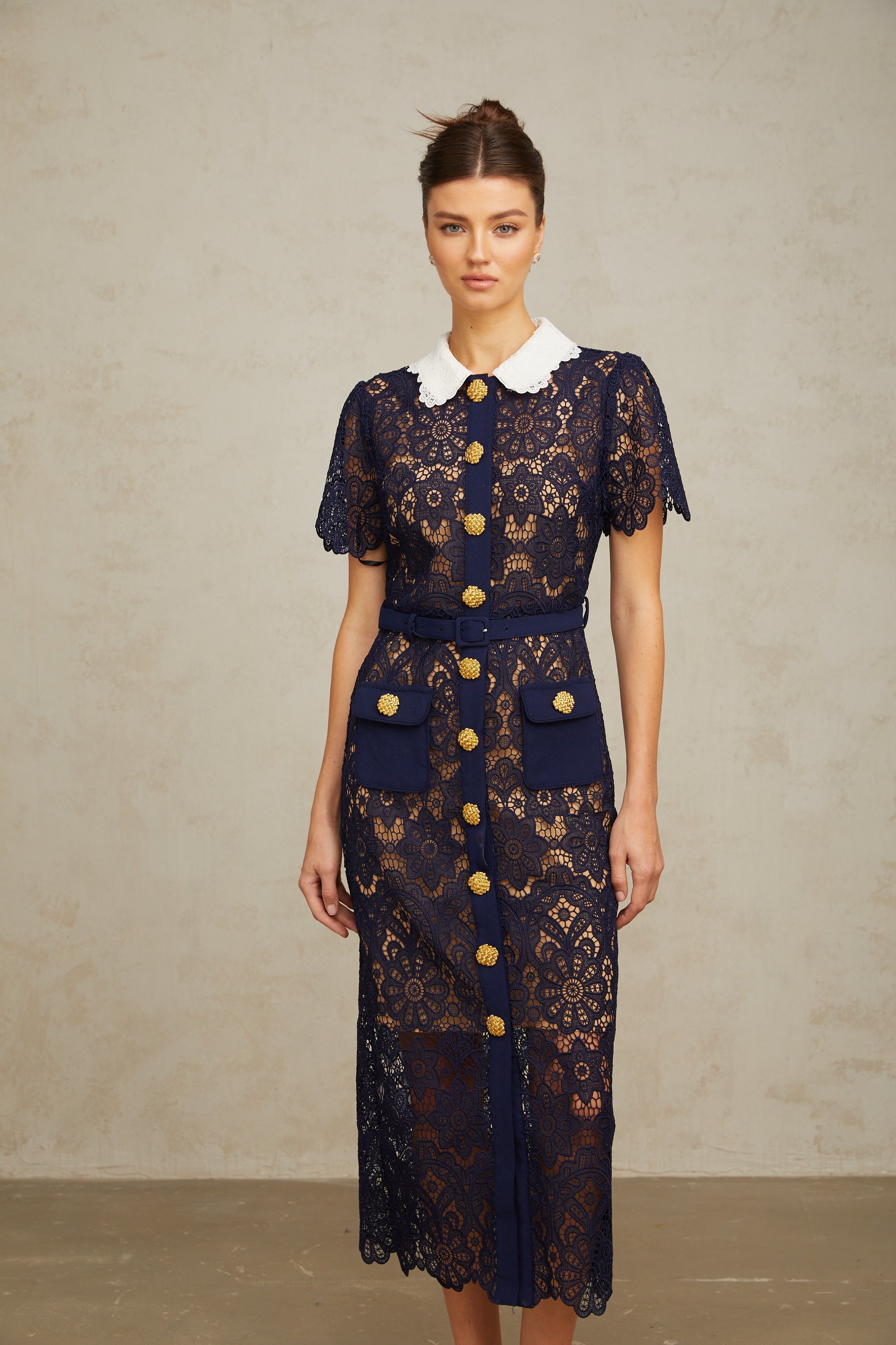 Ariane dark-blue floral crochet-lace midi dress