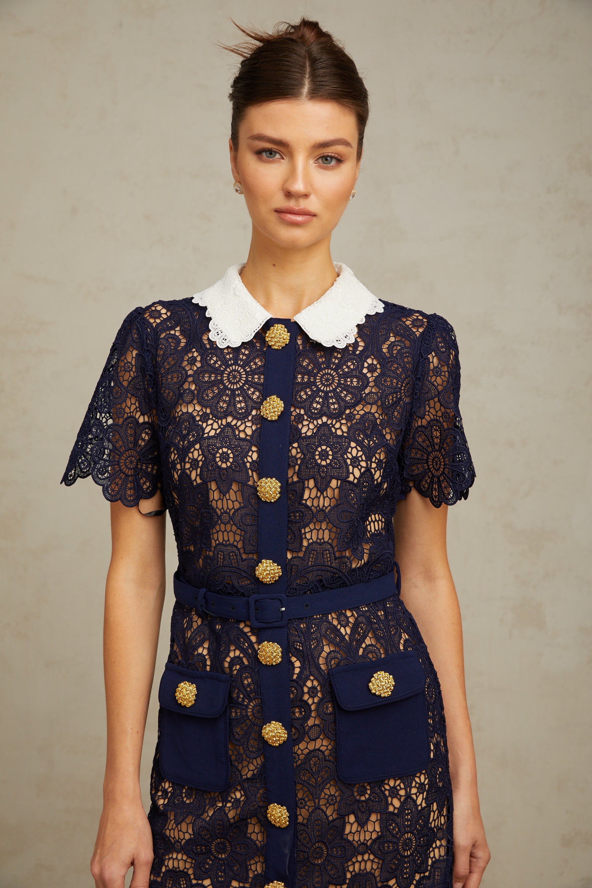 Ariane dark-blue floral crochet-lace midi dress