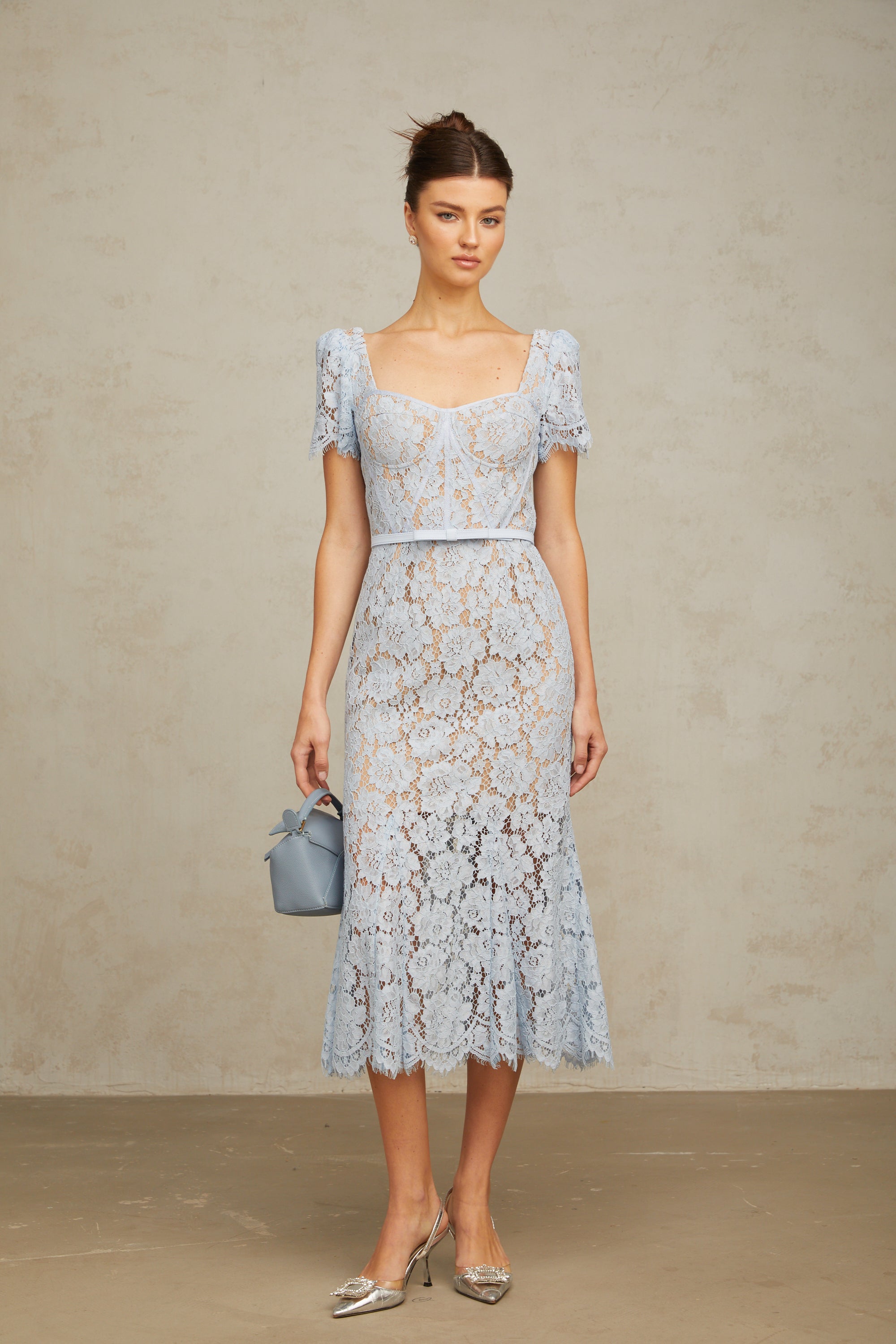 Audrey blue floral-lace boned midi dress
