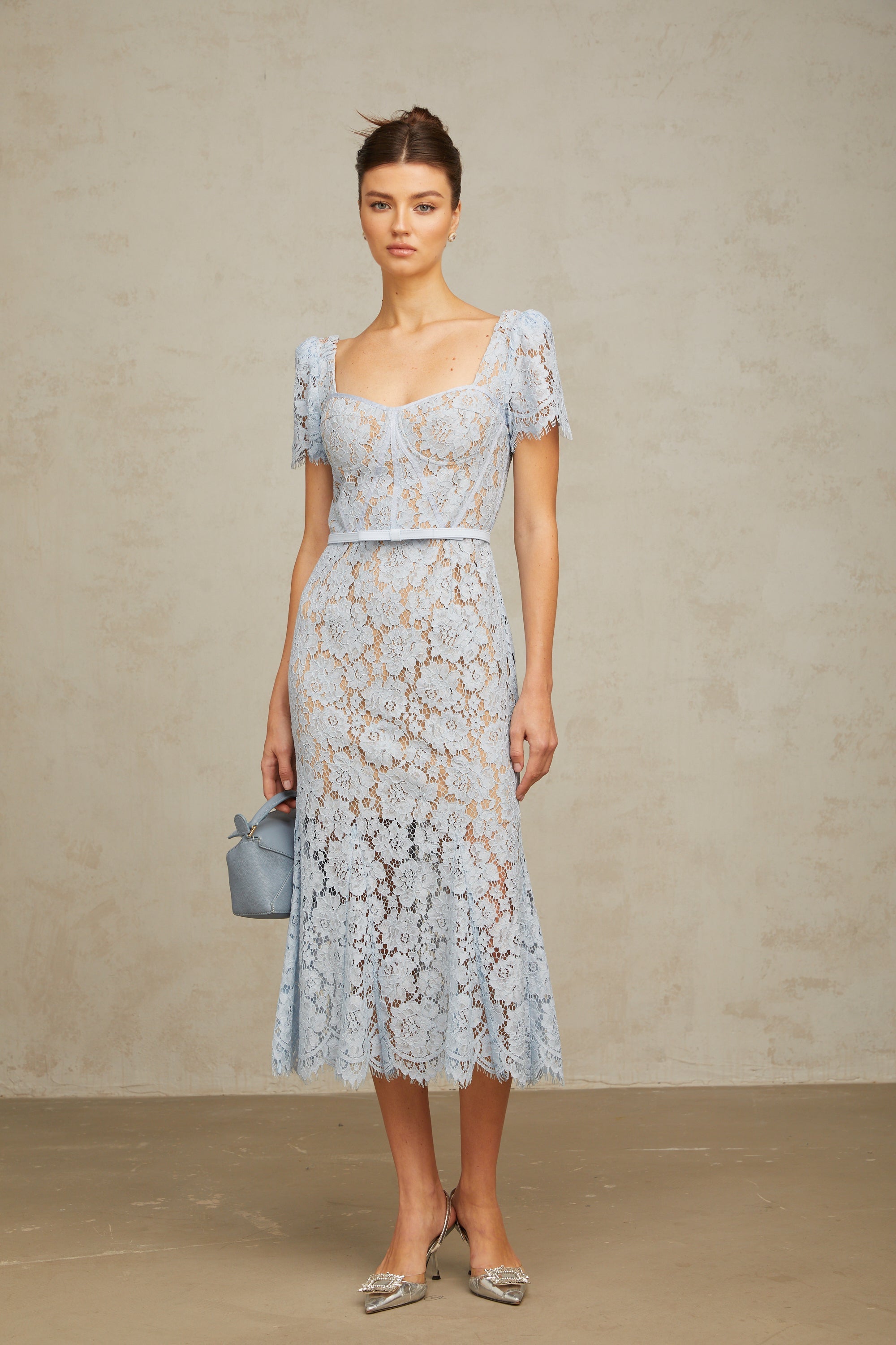 Audrey blue floral-lace boned midi dress