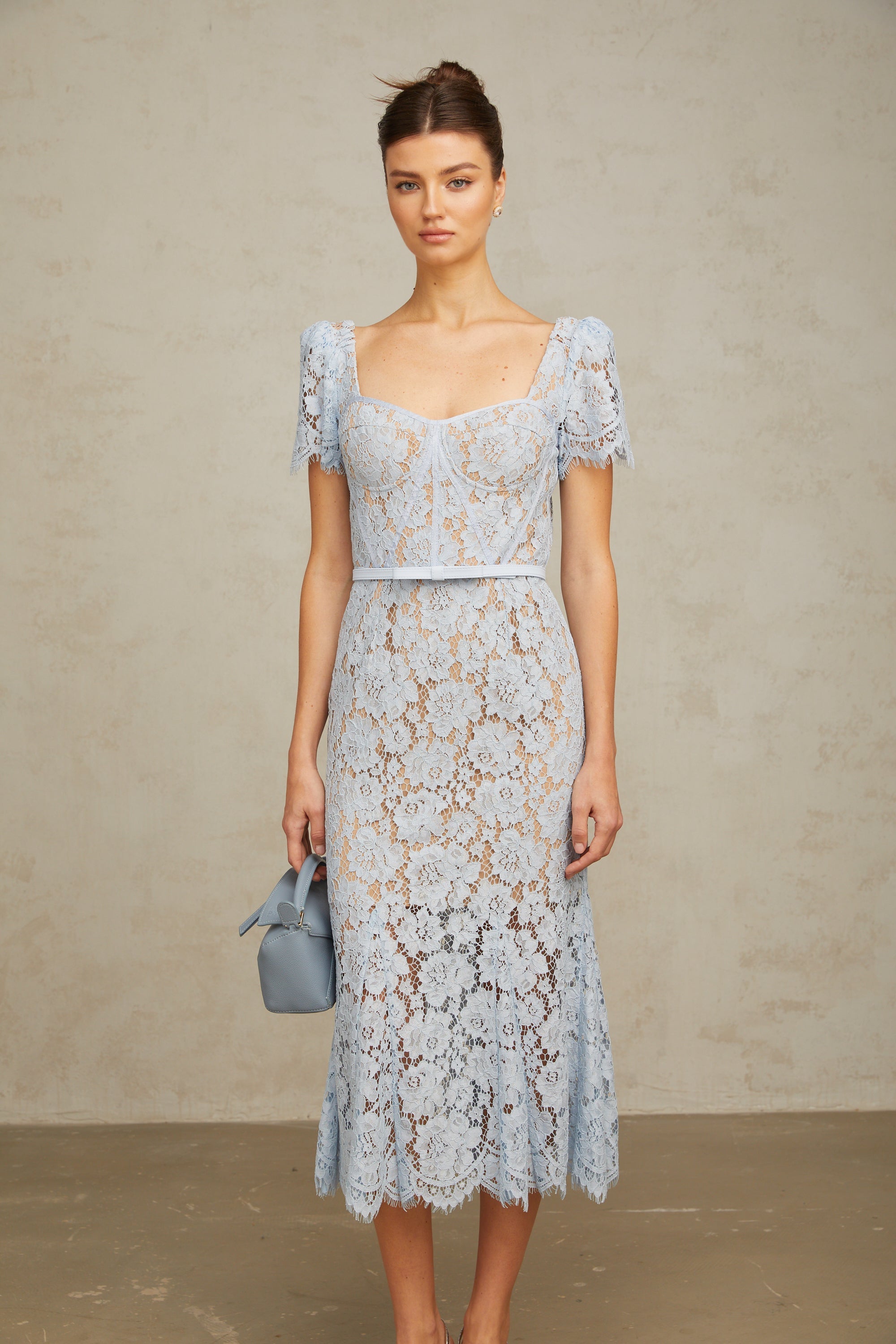 Audrey blue floral-lace boned midi dress