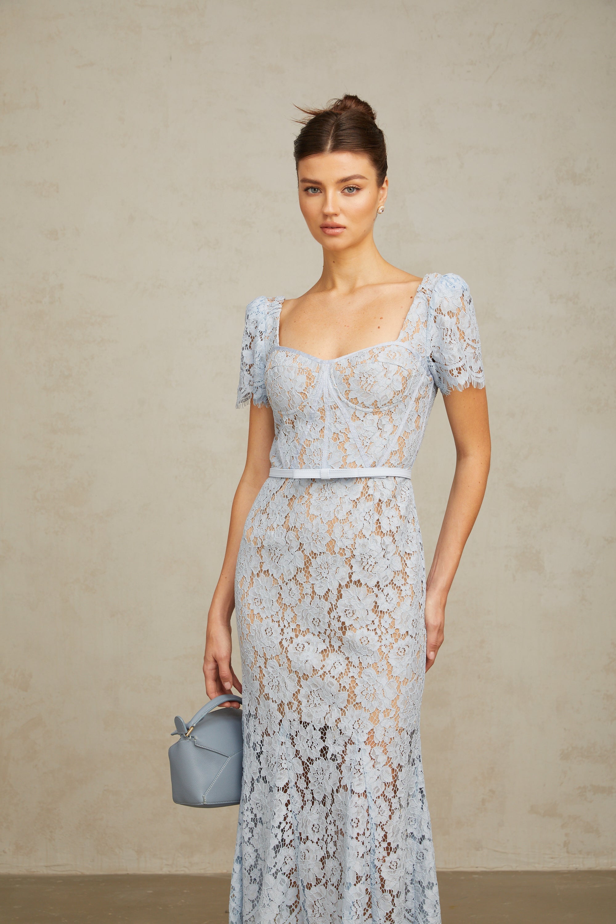 Audrey blue floral-lace boned midi dress