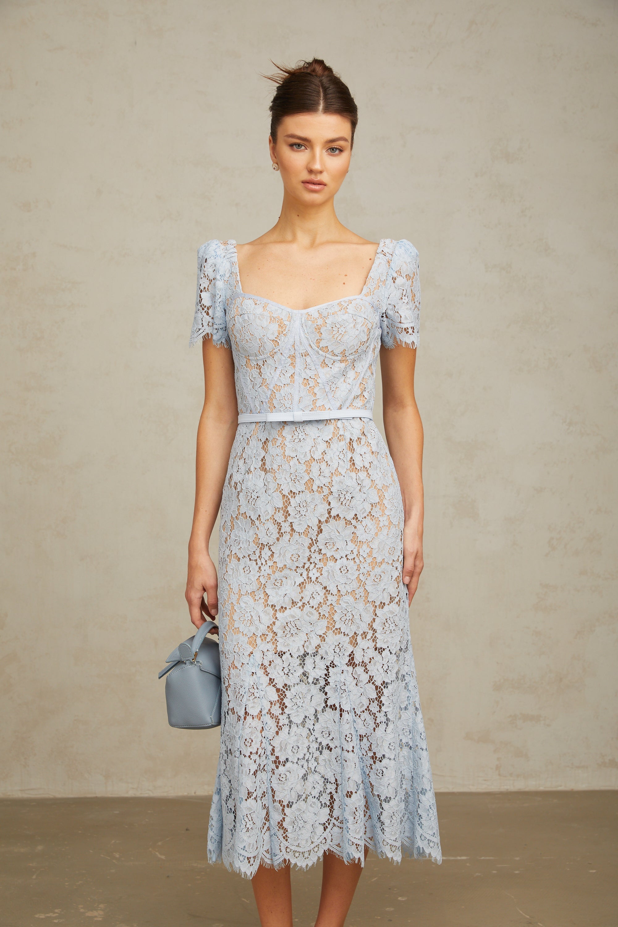 Audrey blue floral-lace boned midi dress