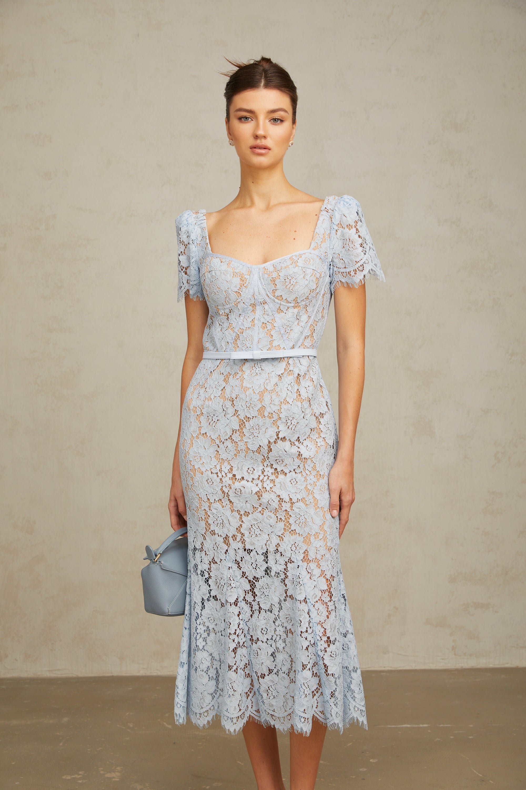 Audrey blue floral-lace boned midi dress