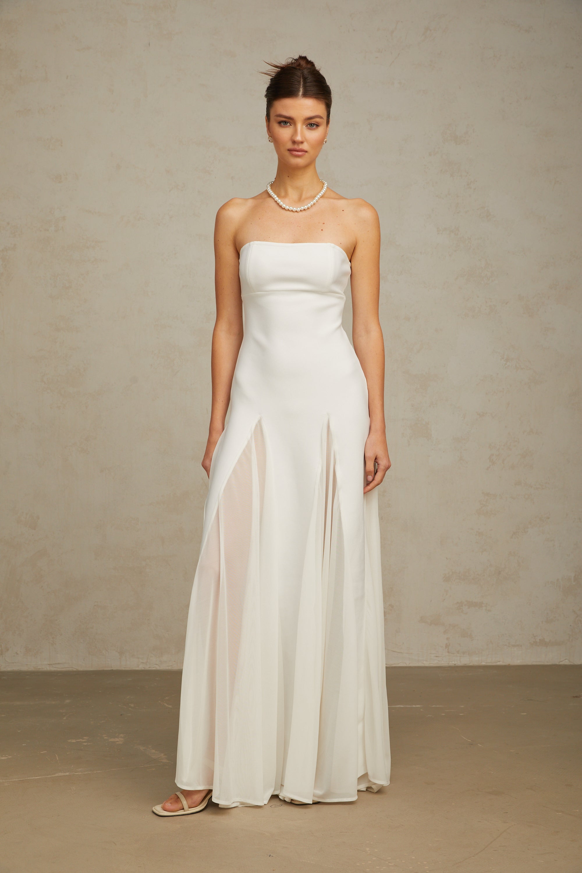 Nathalie white tulle-panelling maxi dress