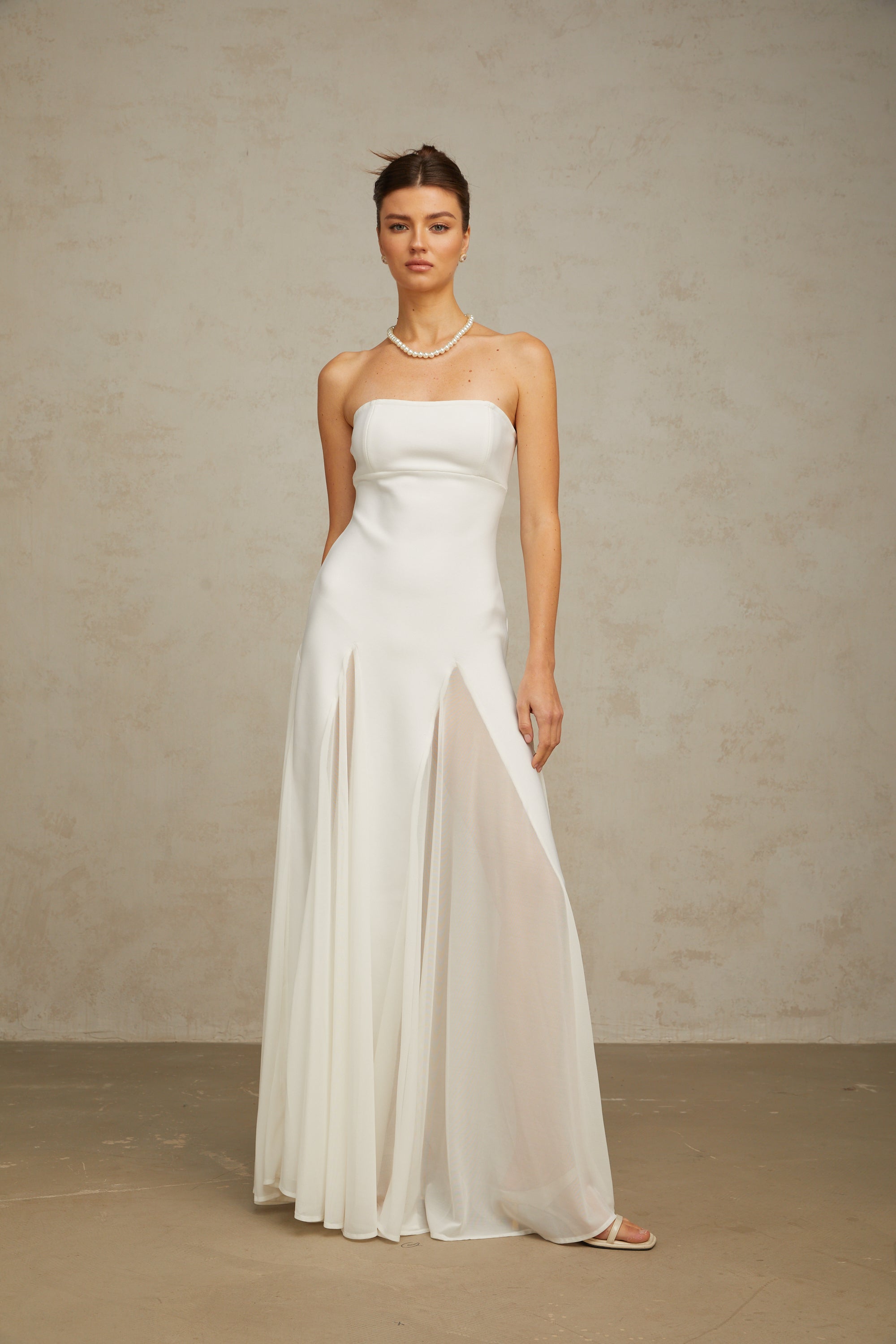 Nathalie white tulle-panelling maxi dress