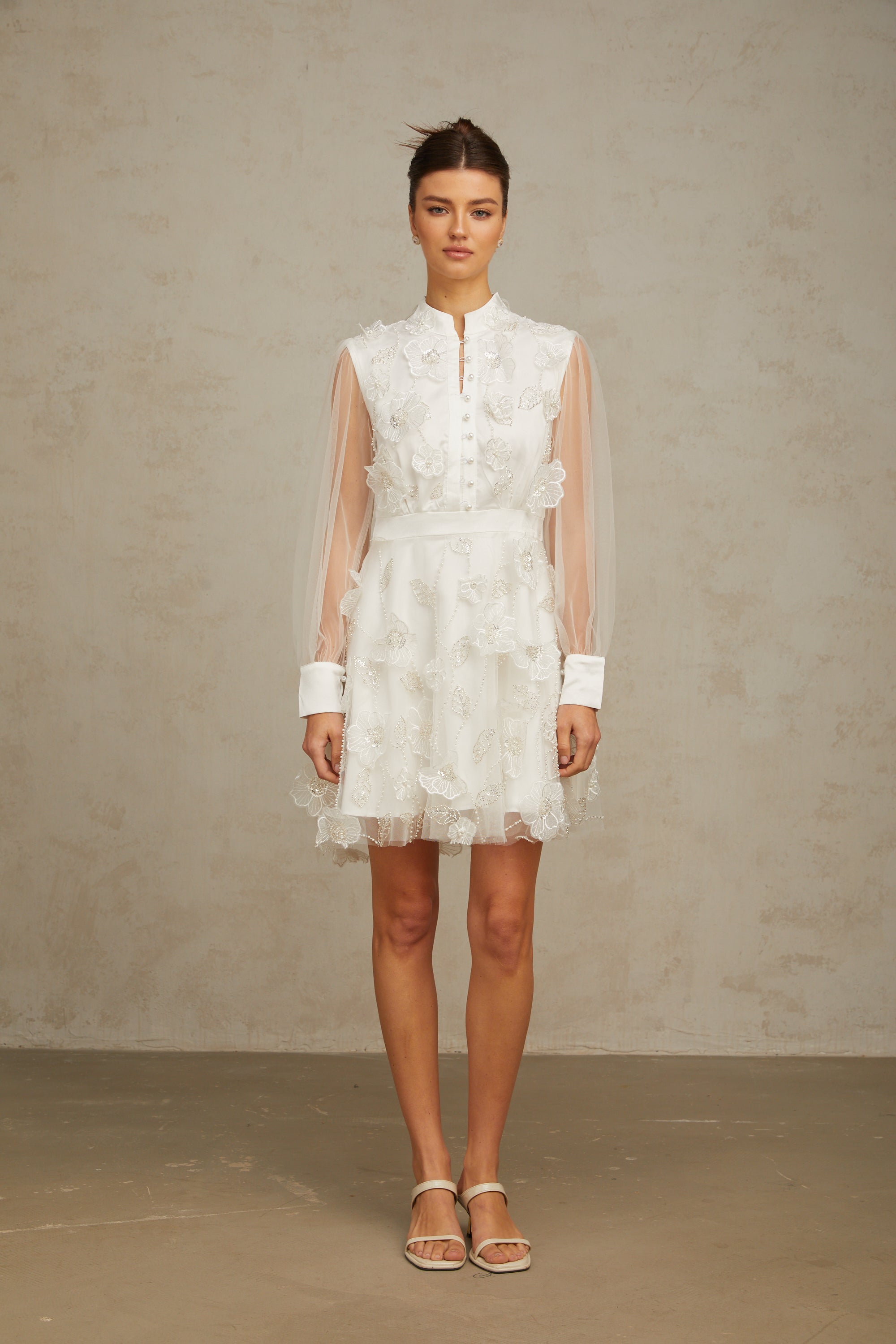 Camille white 3D-petal tulle mini dress