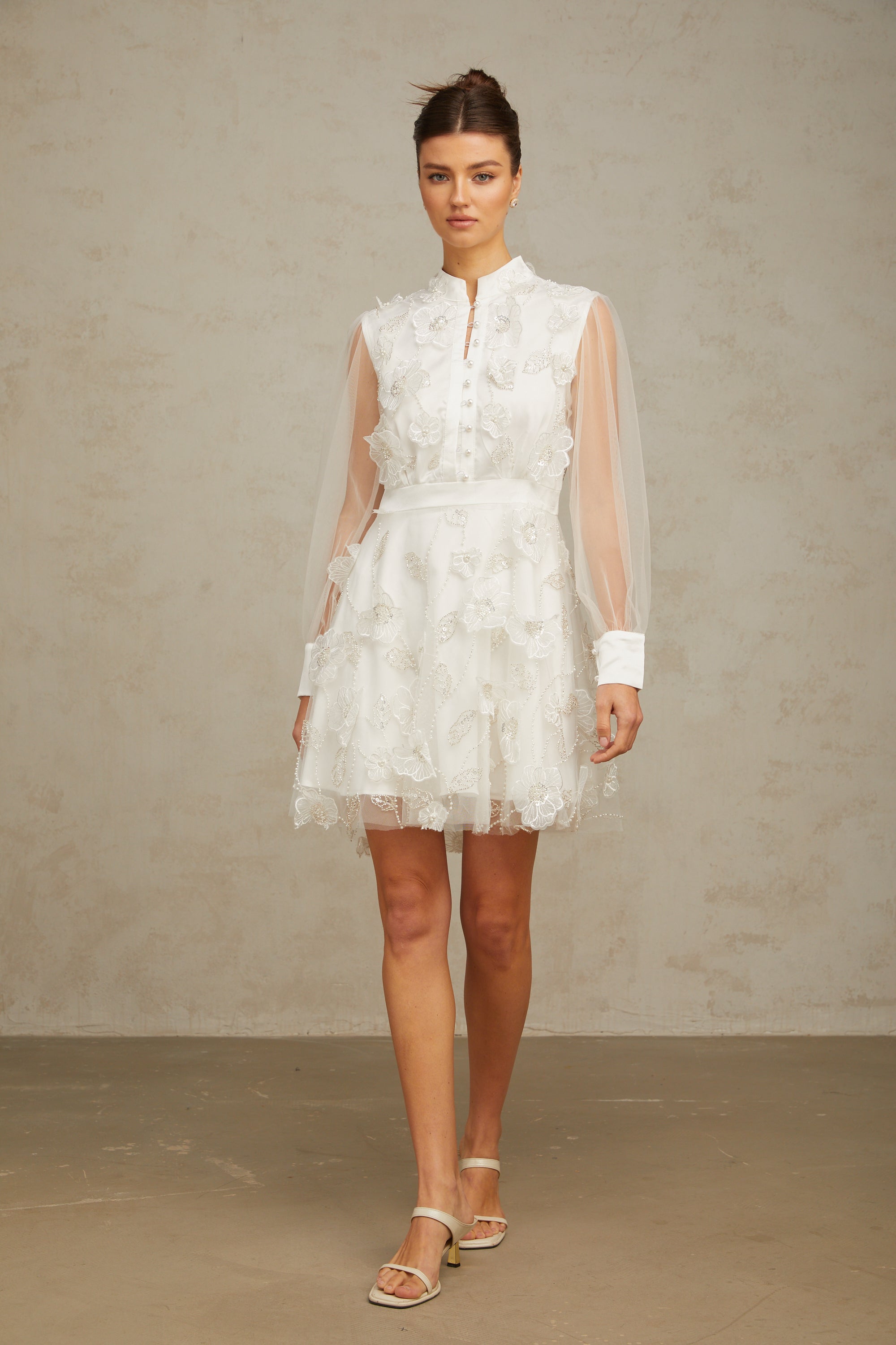 Camille white 3D-petal tulle mini dress