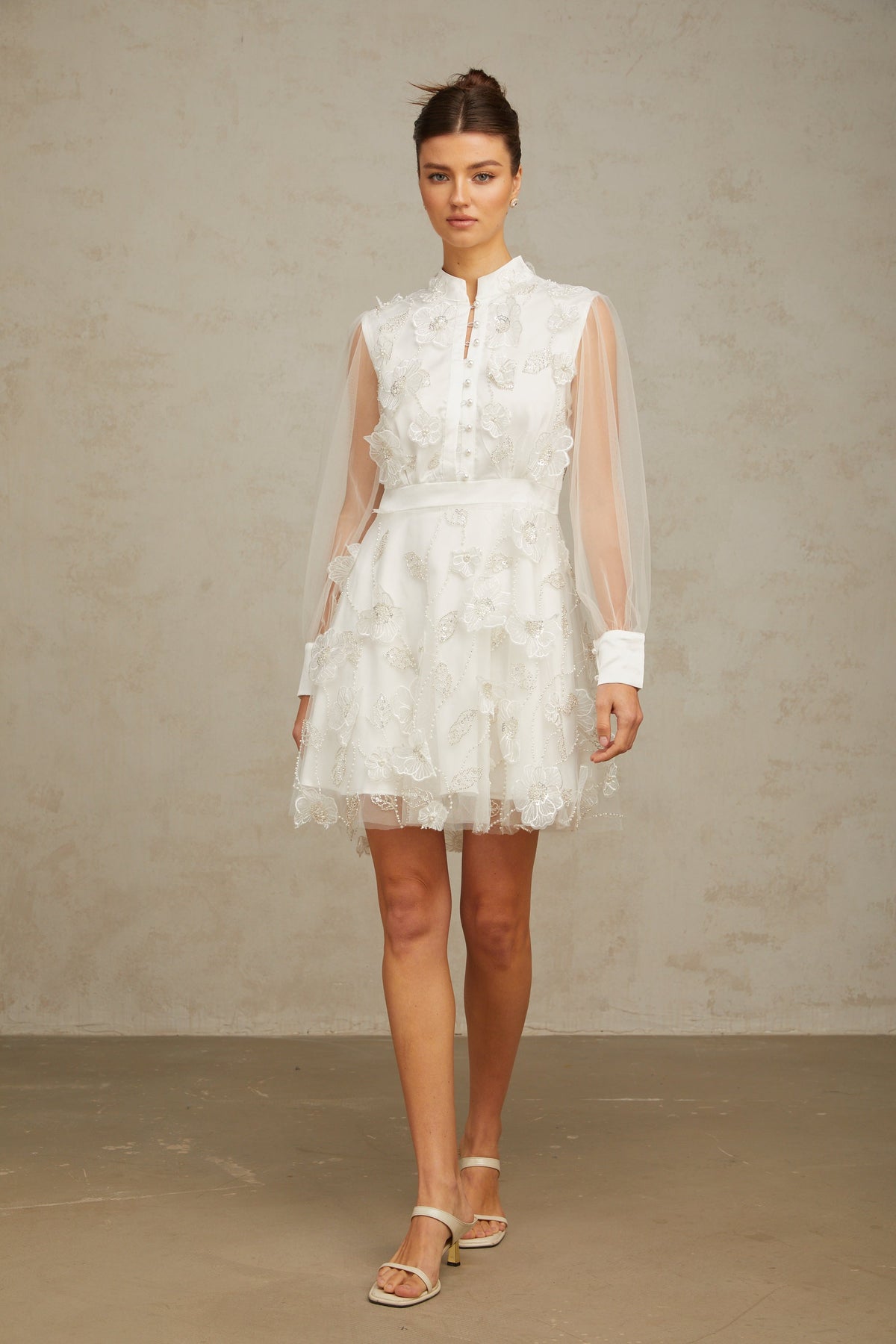 Camille white 3D-petal tulle mini dress (Final Sale)