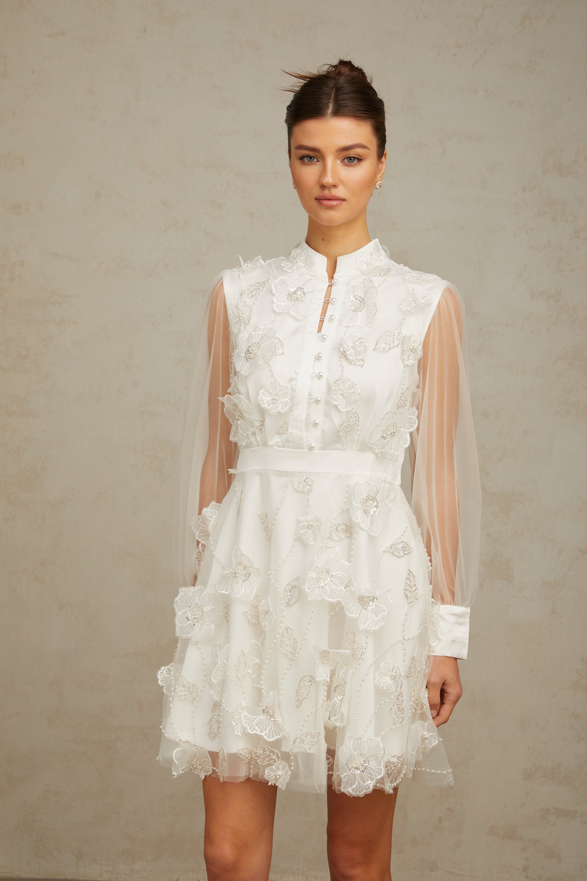 Camille white 3D-petal tulle mini dress