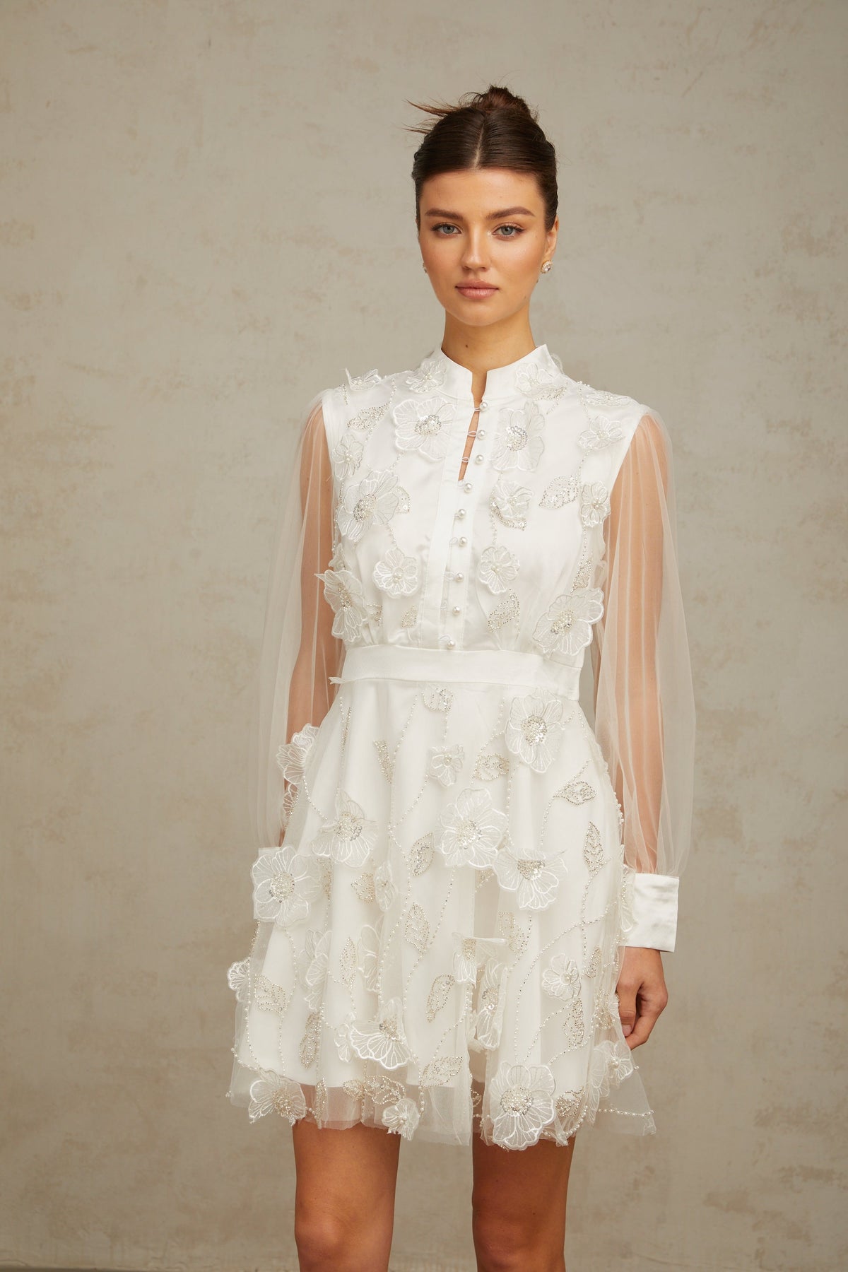 Camille white 3D-petal tulle mini dress