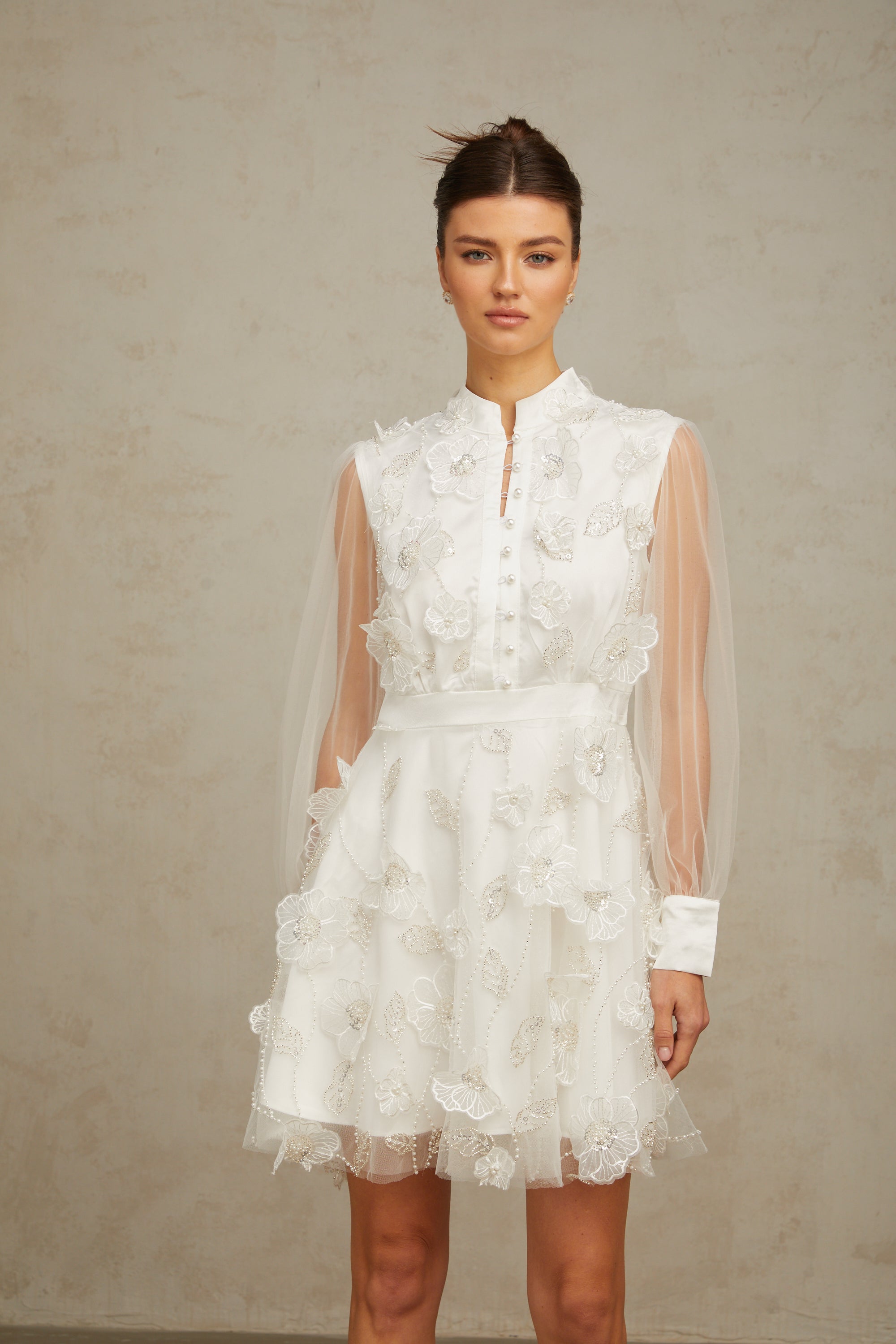 Camille white 3D-petal tulle mini dress