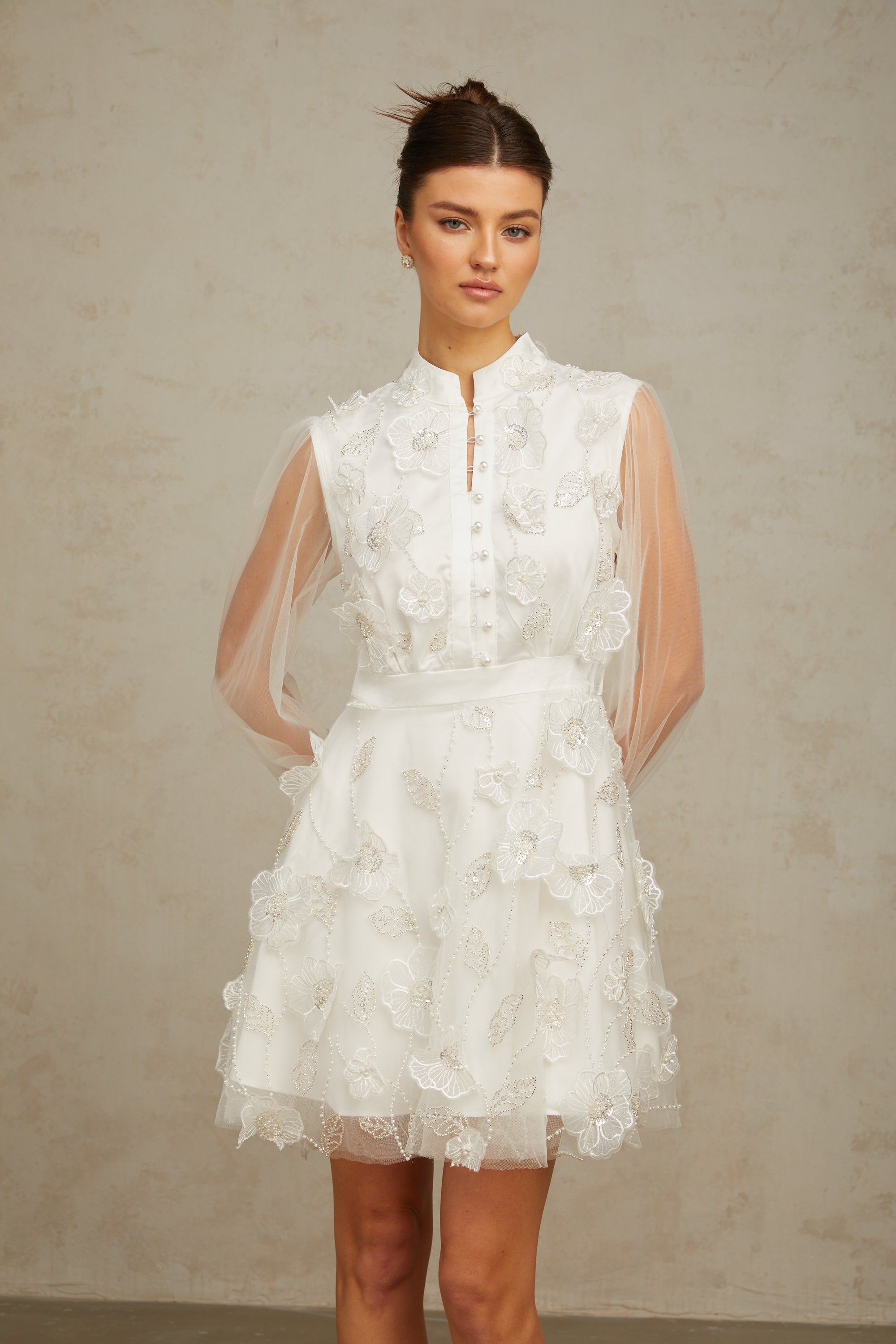 Camille white 3D-petal tulle mini dress