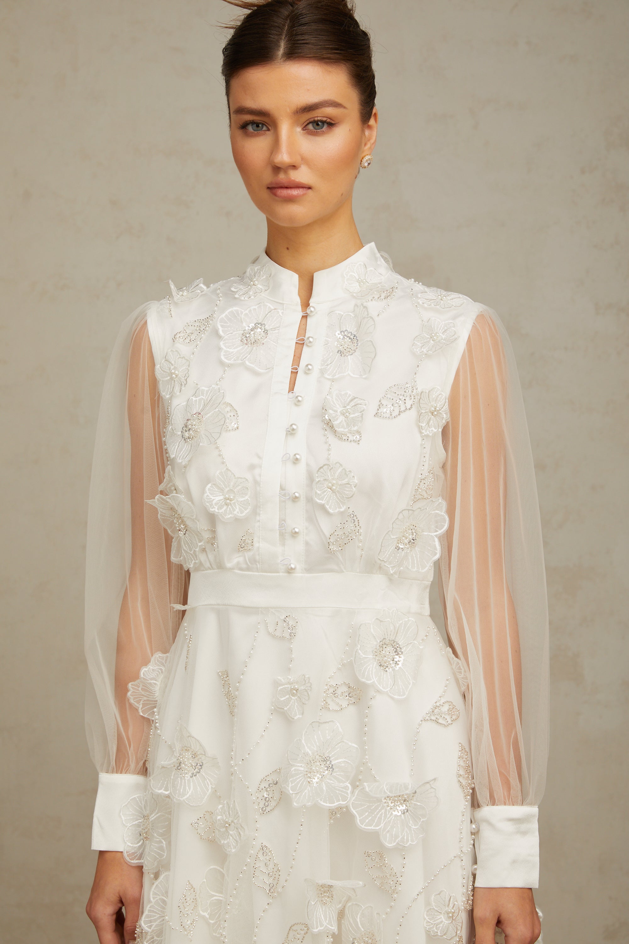 Camille white 3D-petal tulle mini dress