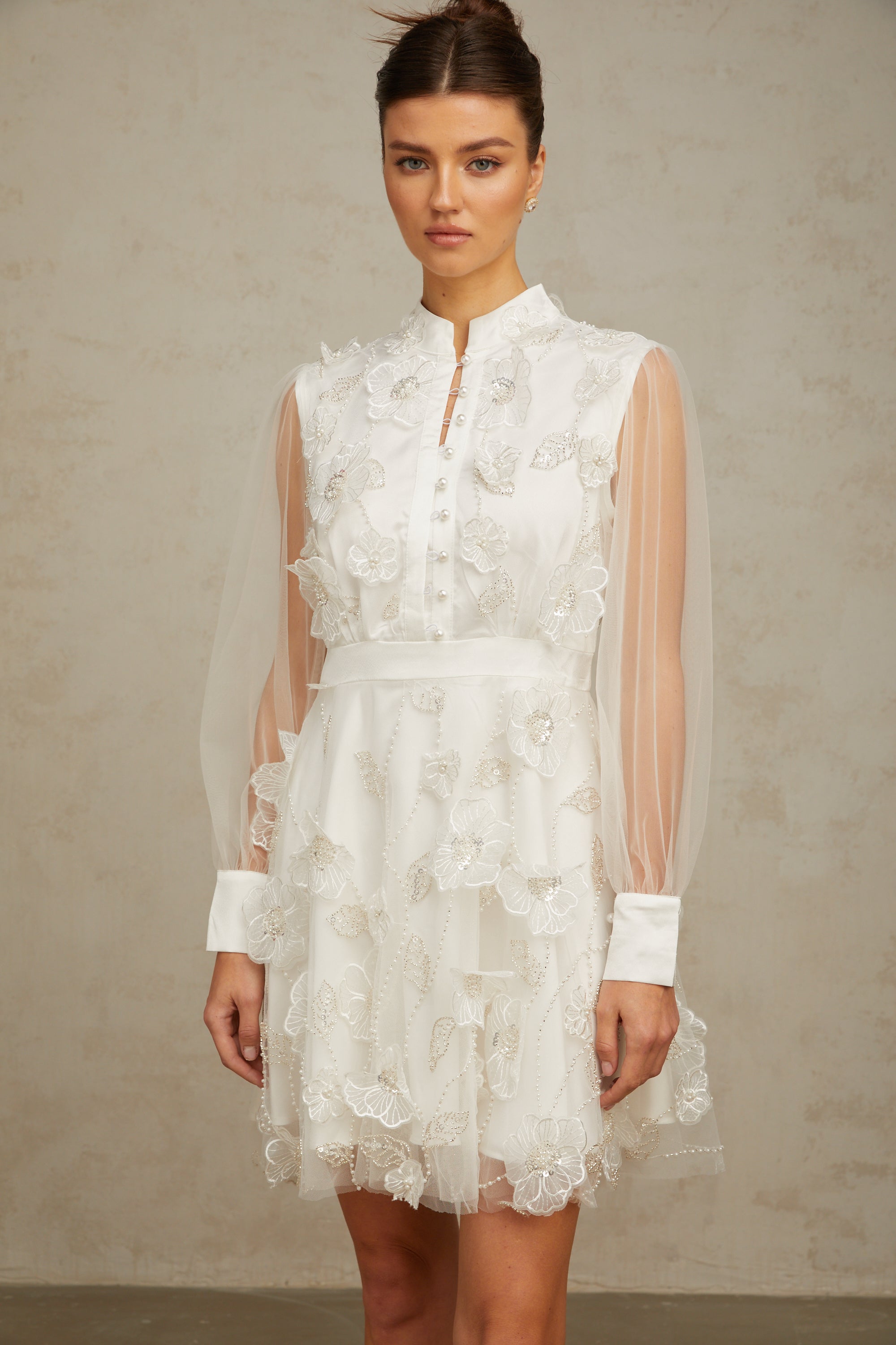 Camille white 3D-petal tulle mini dress