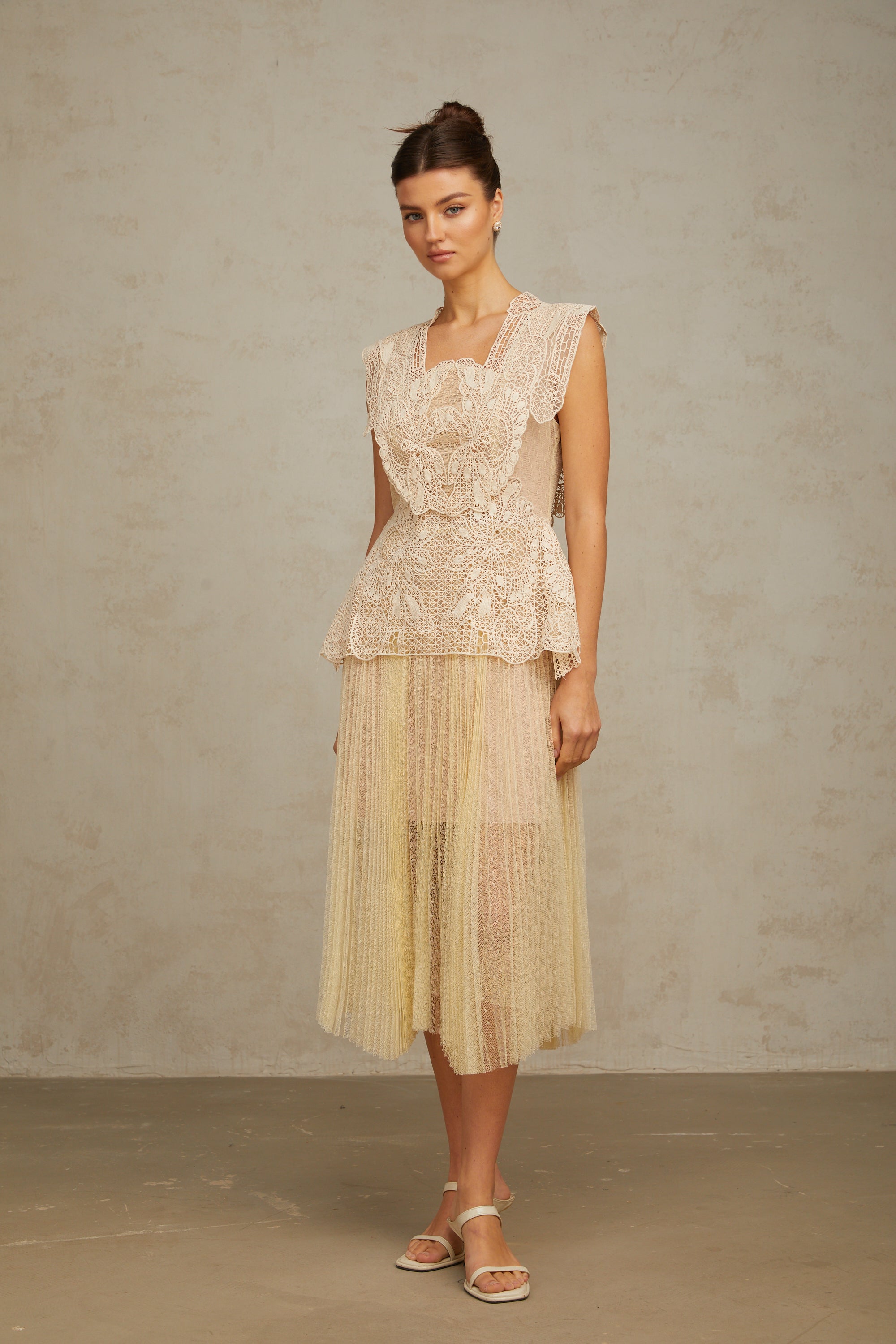 Céleste floral-lace-panelling tulle midi dress in Neutrals