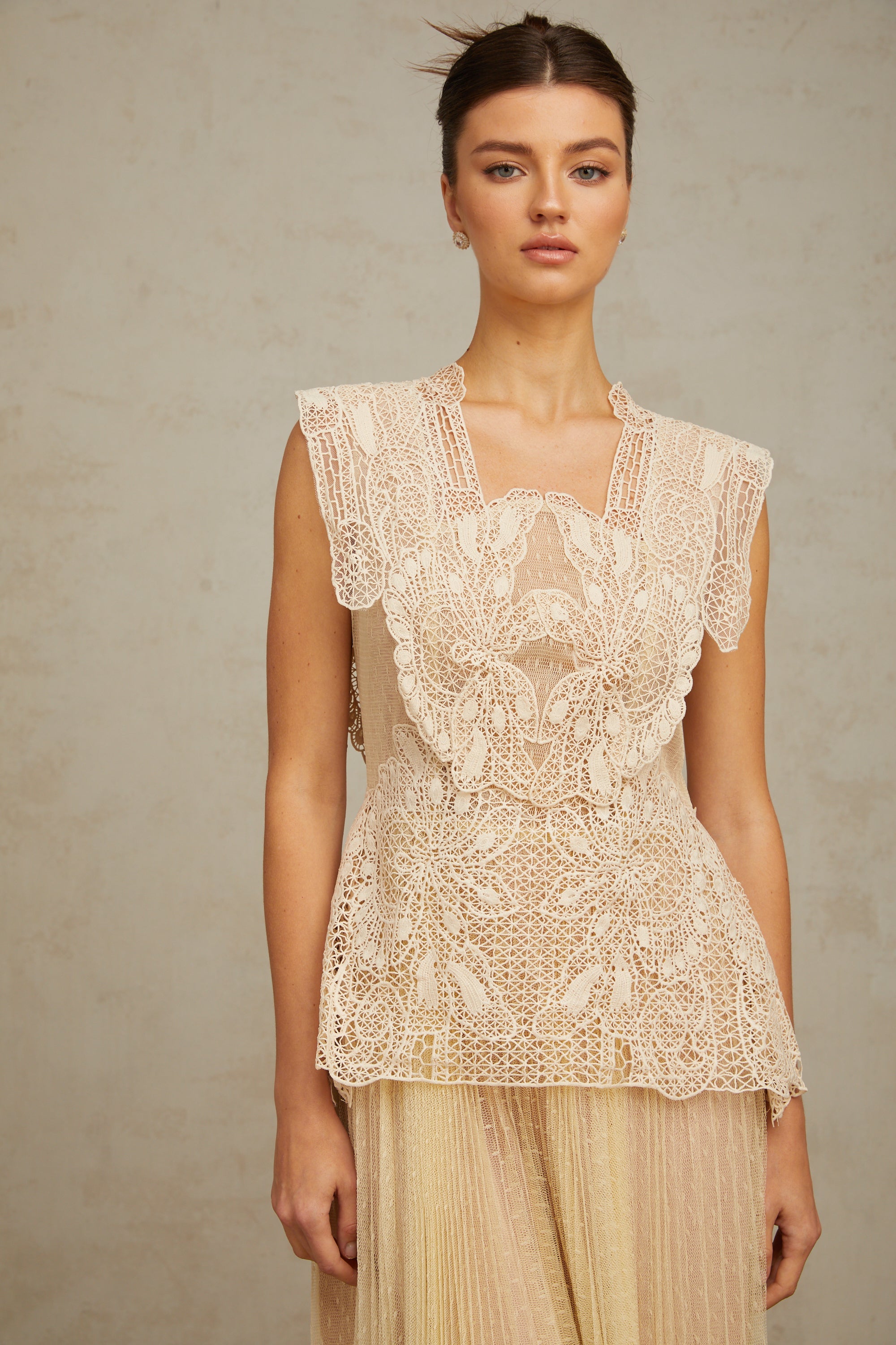 Céleste floral-lace-panelling tulle midi dress in Neutrals