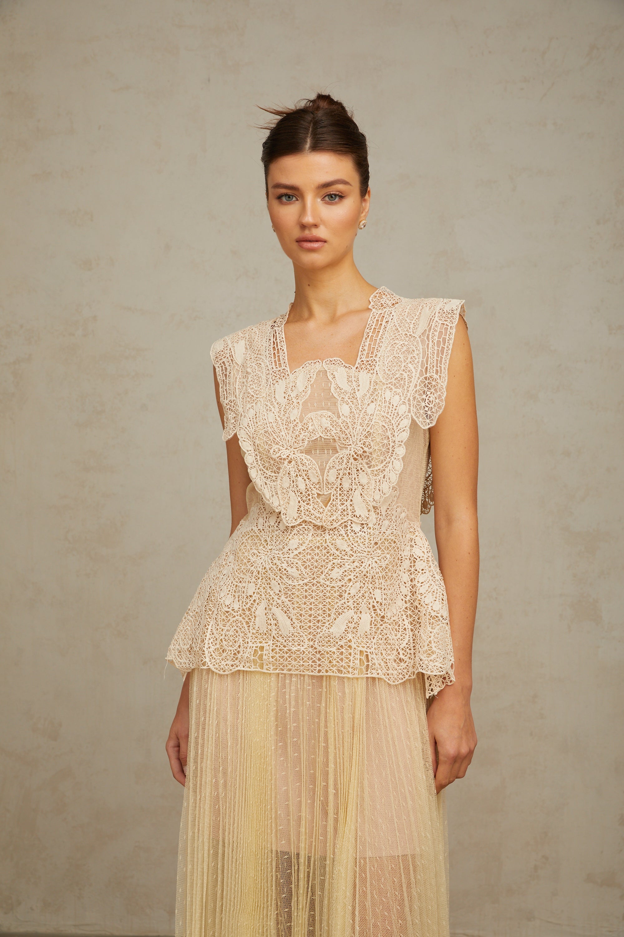 Céleste floral-lace-panelling tulle midi dress in Neutrals