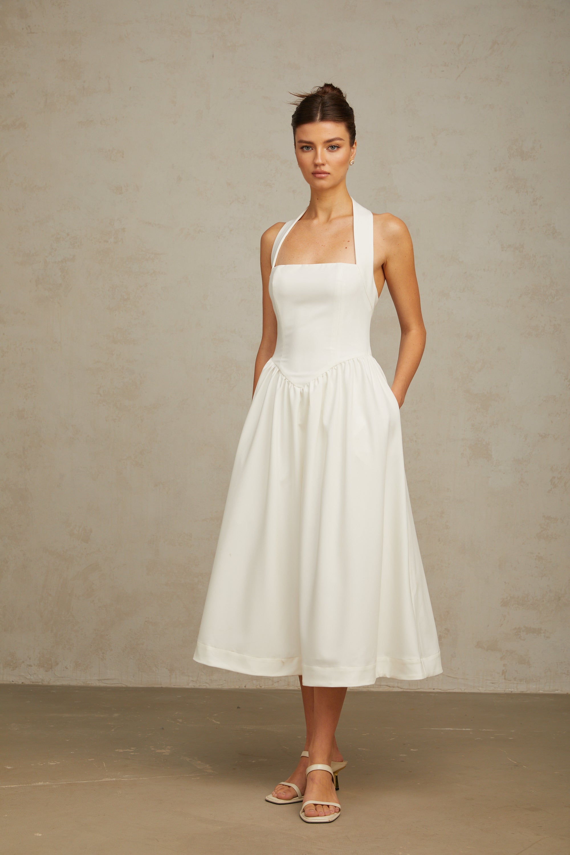 Alizée halterneck pleated midi dress in White