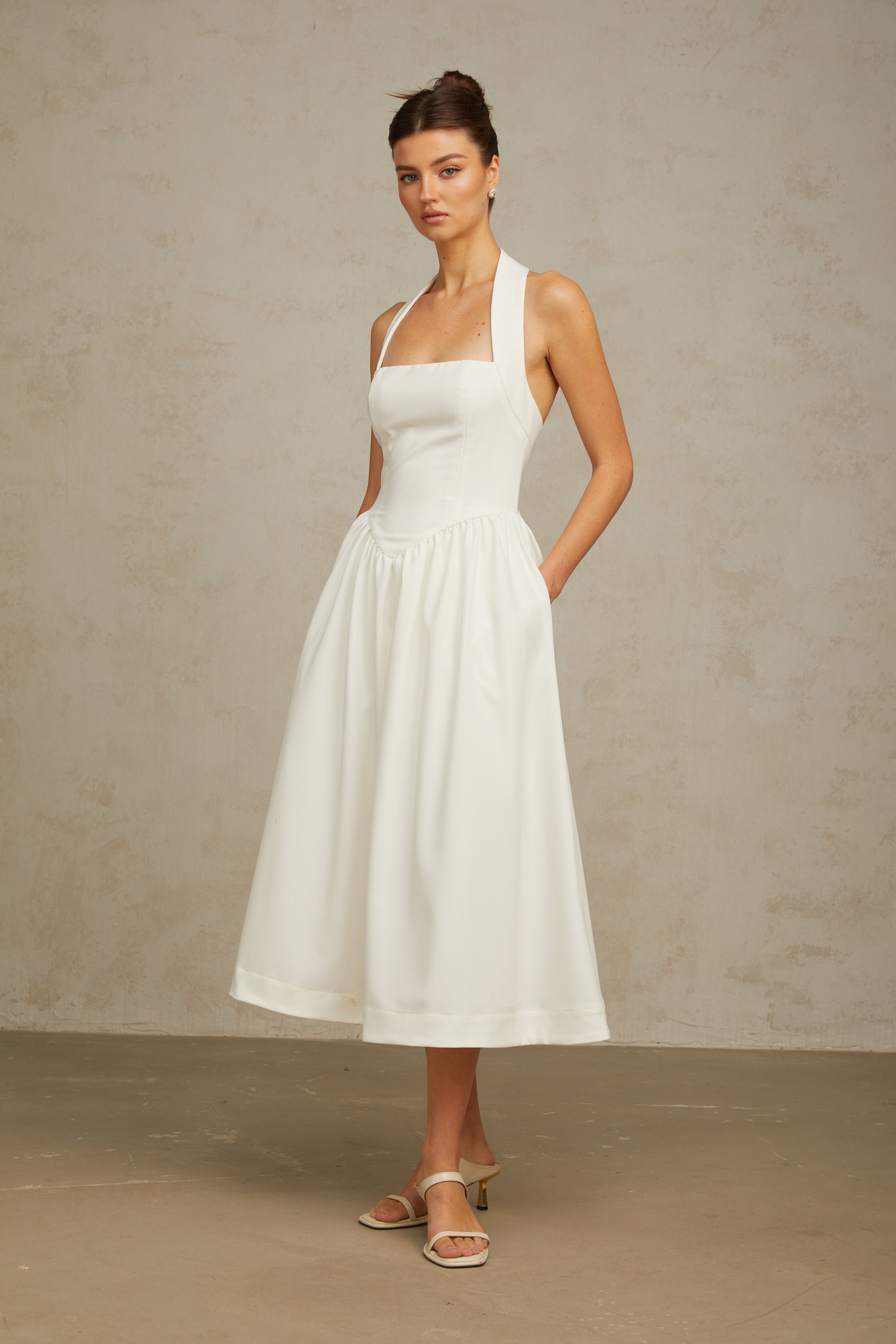 Alizée halterneck pleated midi dress in White