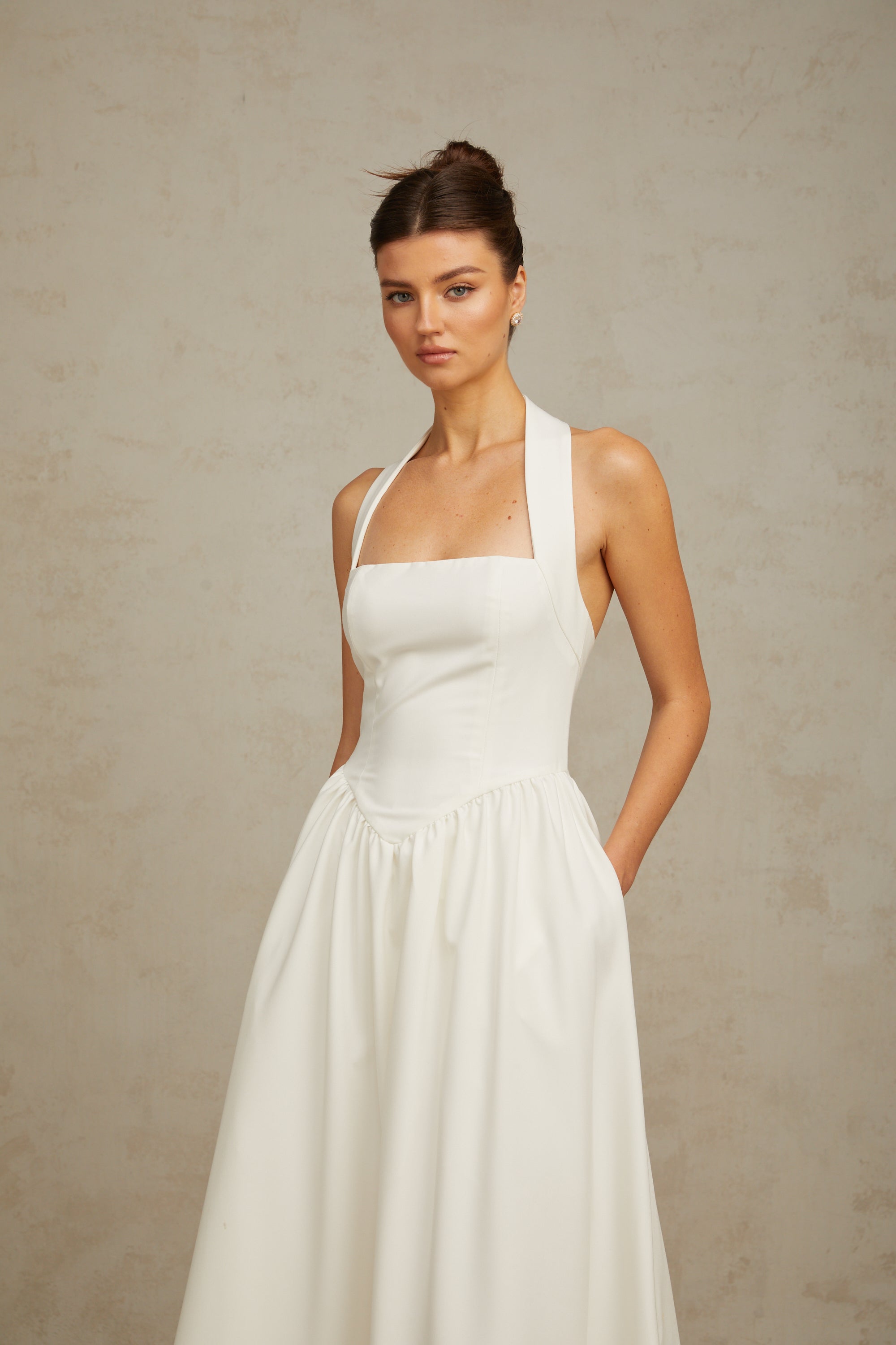 Alizée halterneck pleated midi dress in White (Final Sale-US Only)