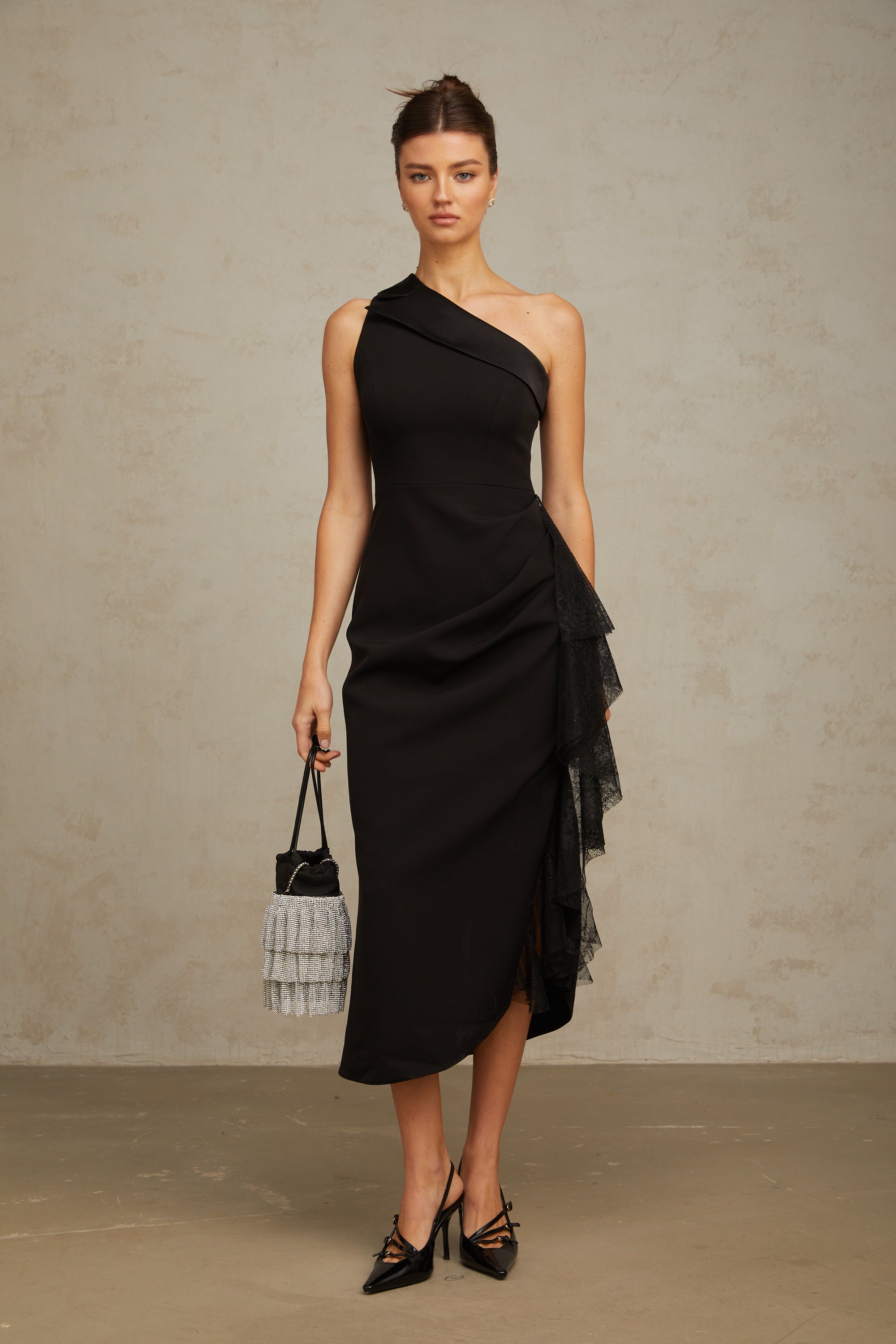 Bernadette black lace-panell asymmetrical midi dress (Final Sale)