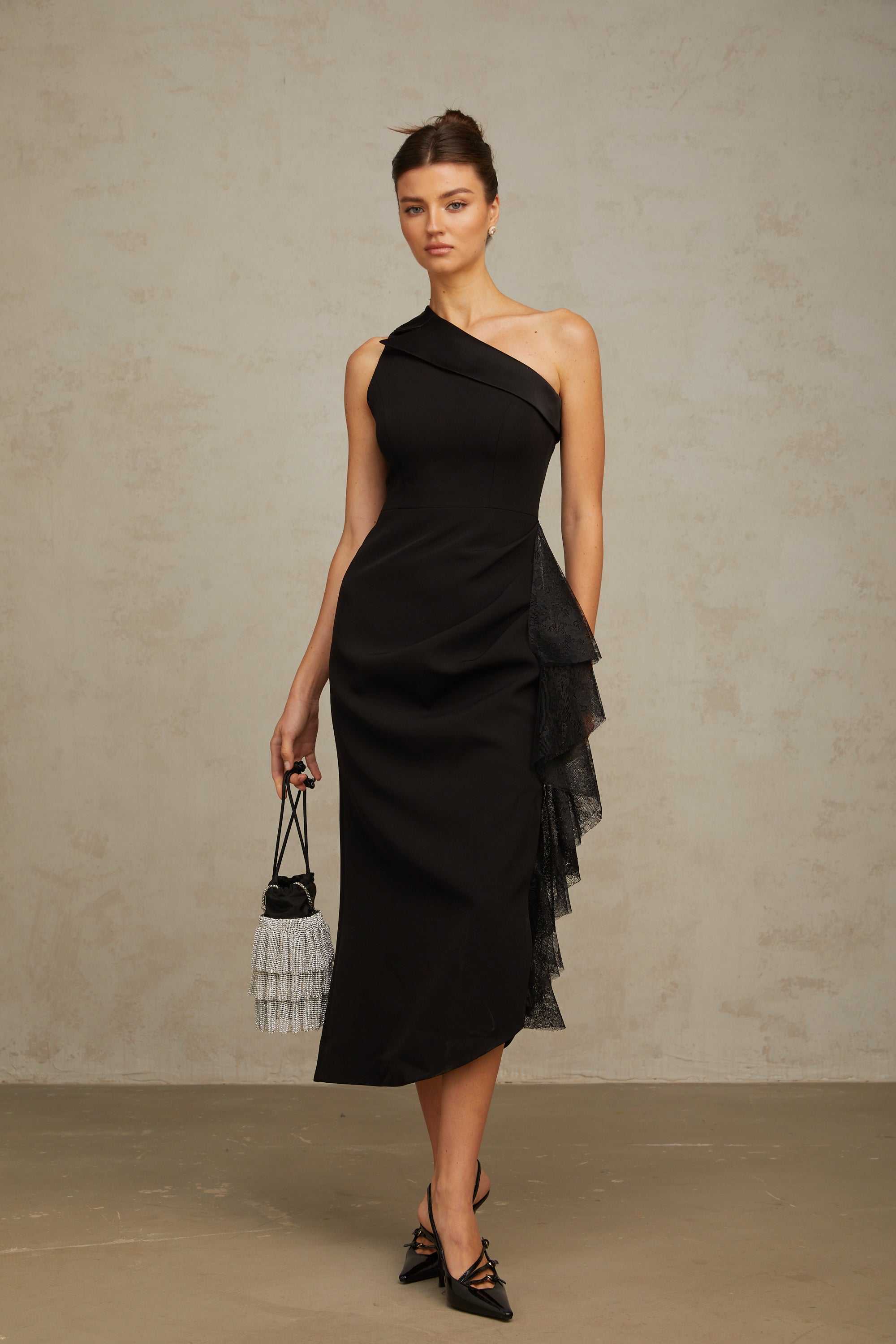 Bernadette black lace-panell asymmetrical midi dress