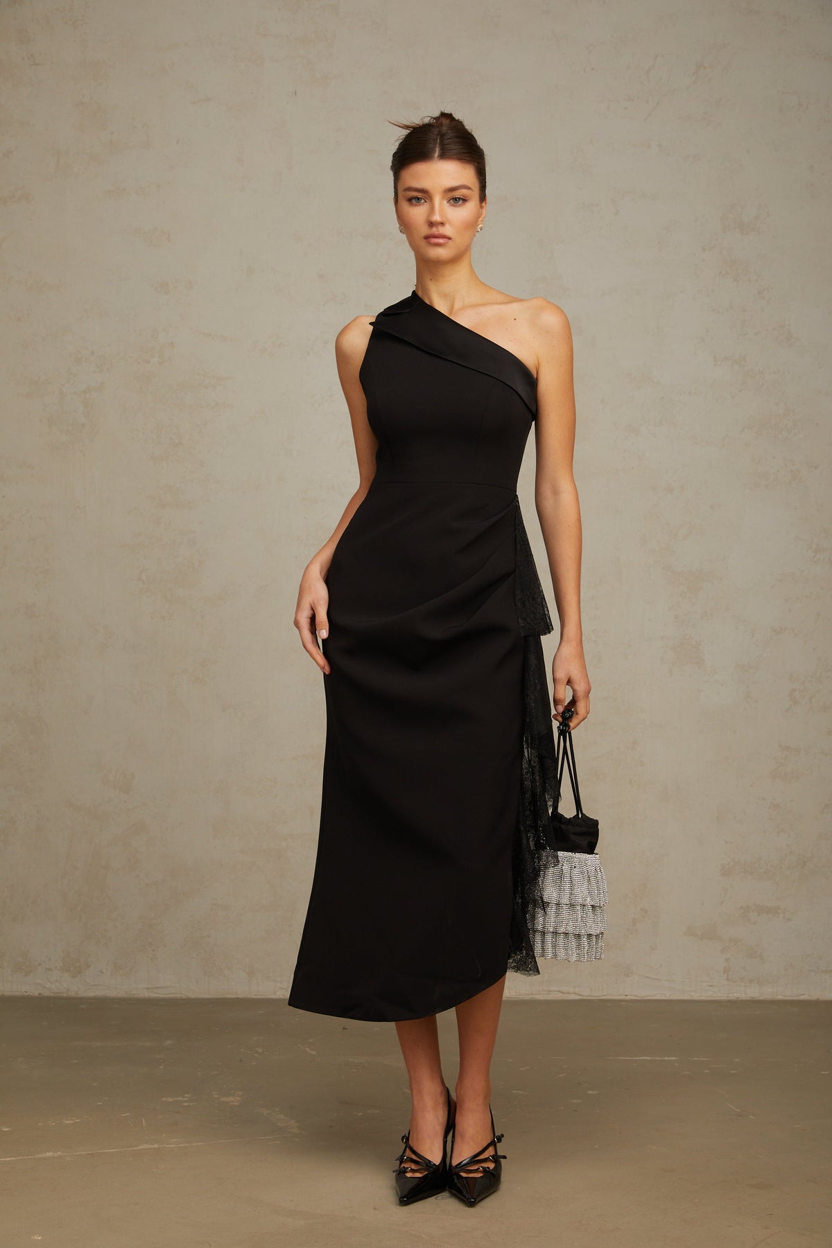 Bernadette black lace-panell asymmetrical midi dress (Final Sale)