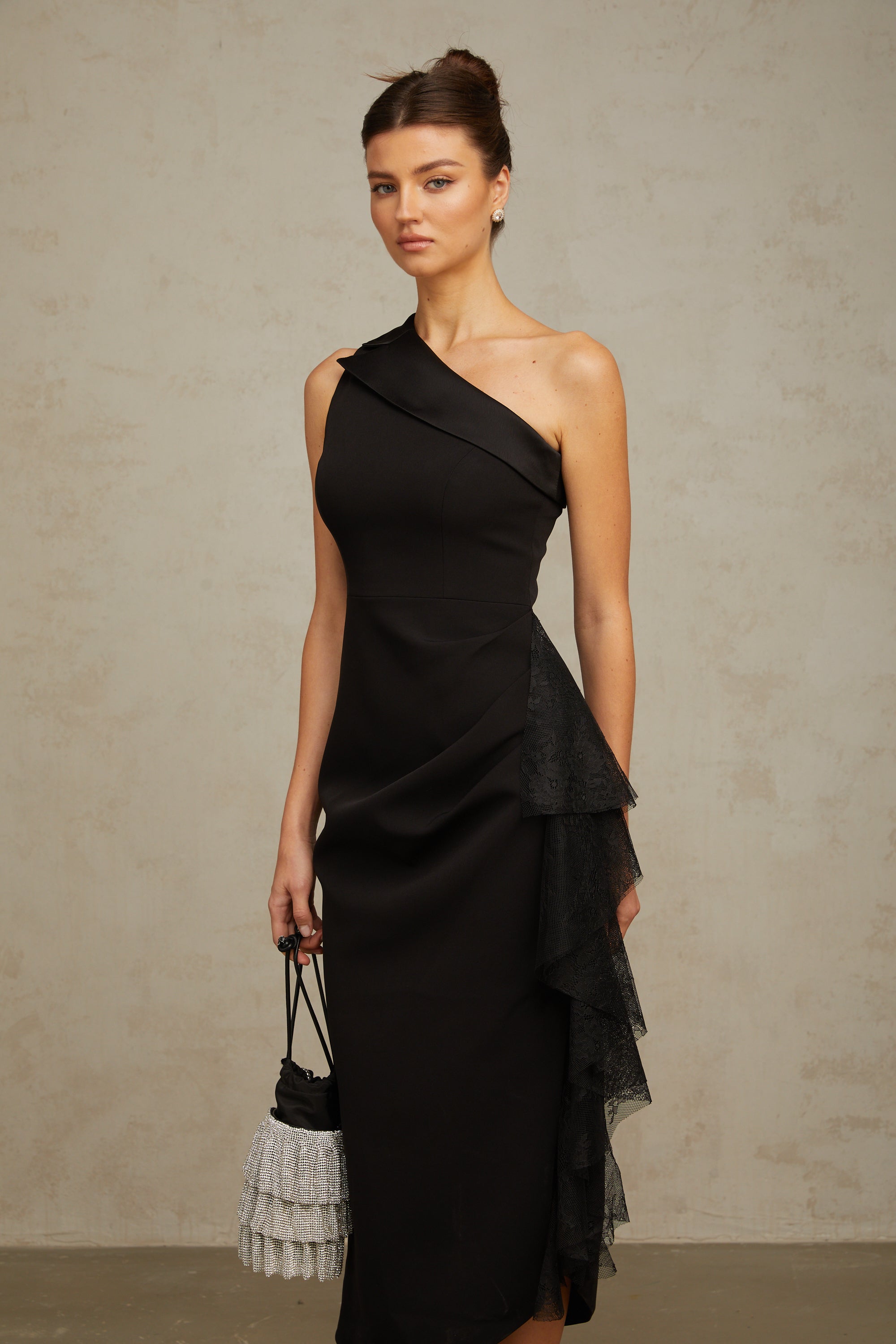 Bernadette black lace-panell asymmetrical midi dress (Final Sale)