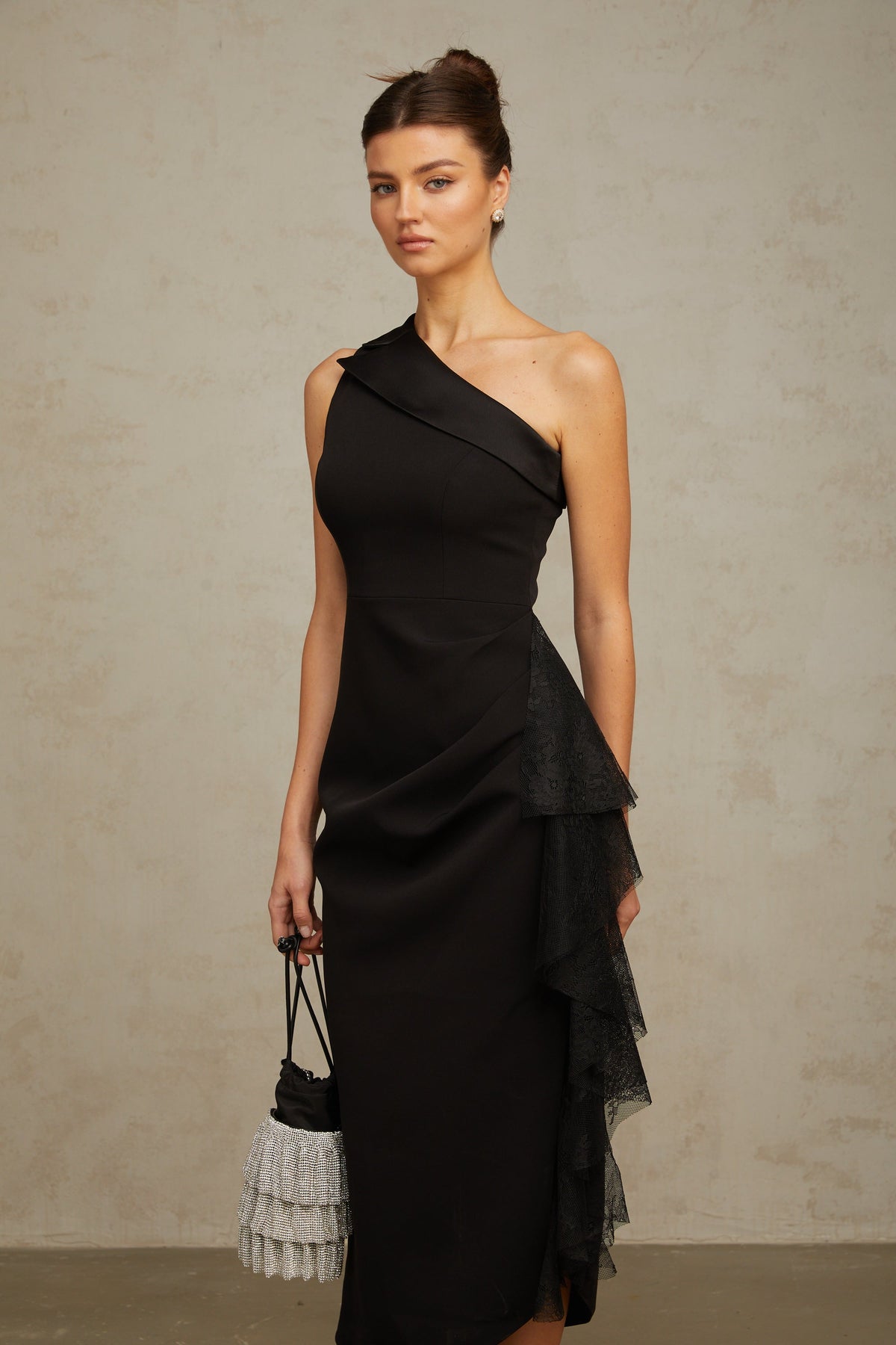 Bernadette black lace-panell asymmetrical midi dress (Final Sale)