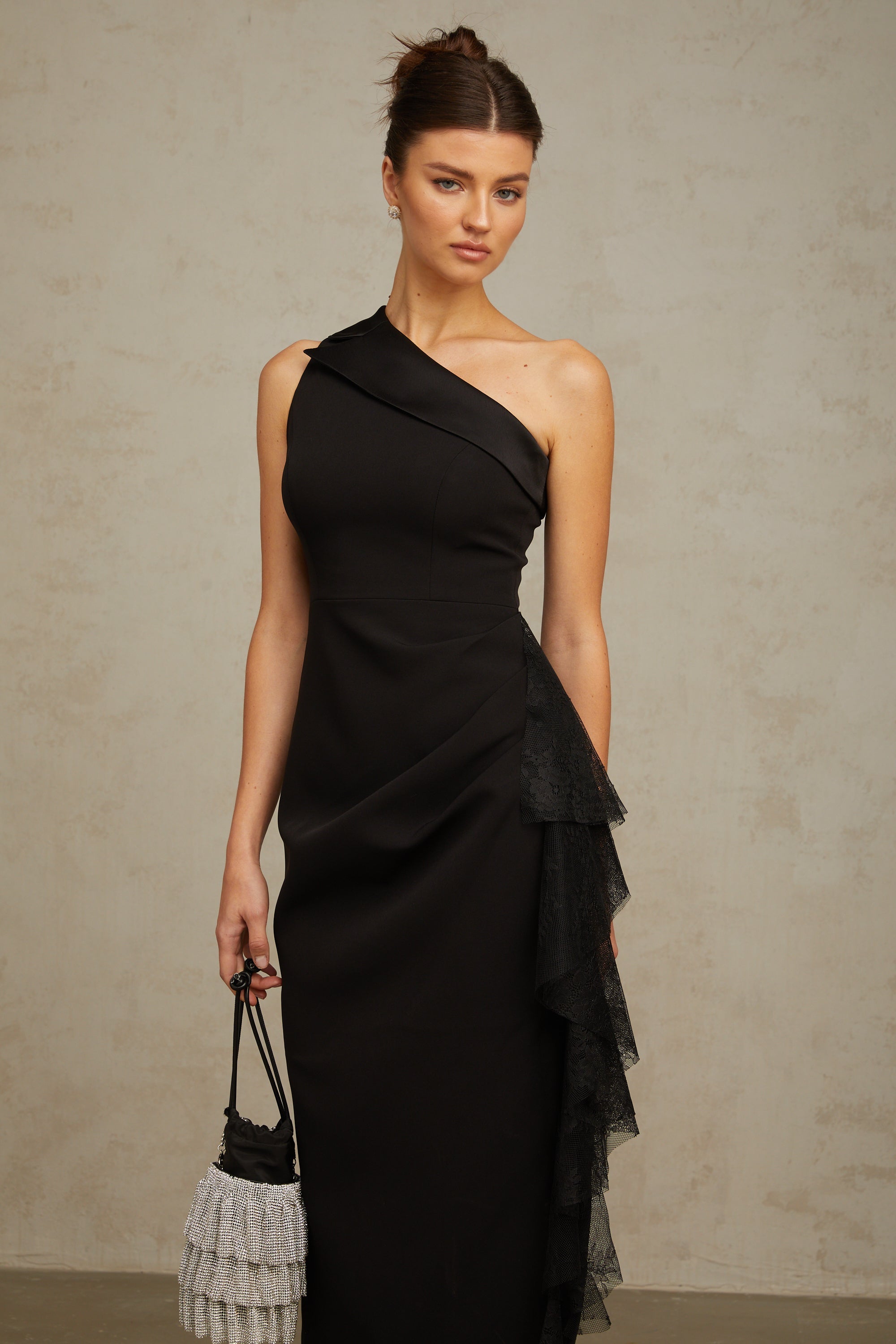 Bernadette black lace-panell asymmetrical midi dress