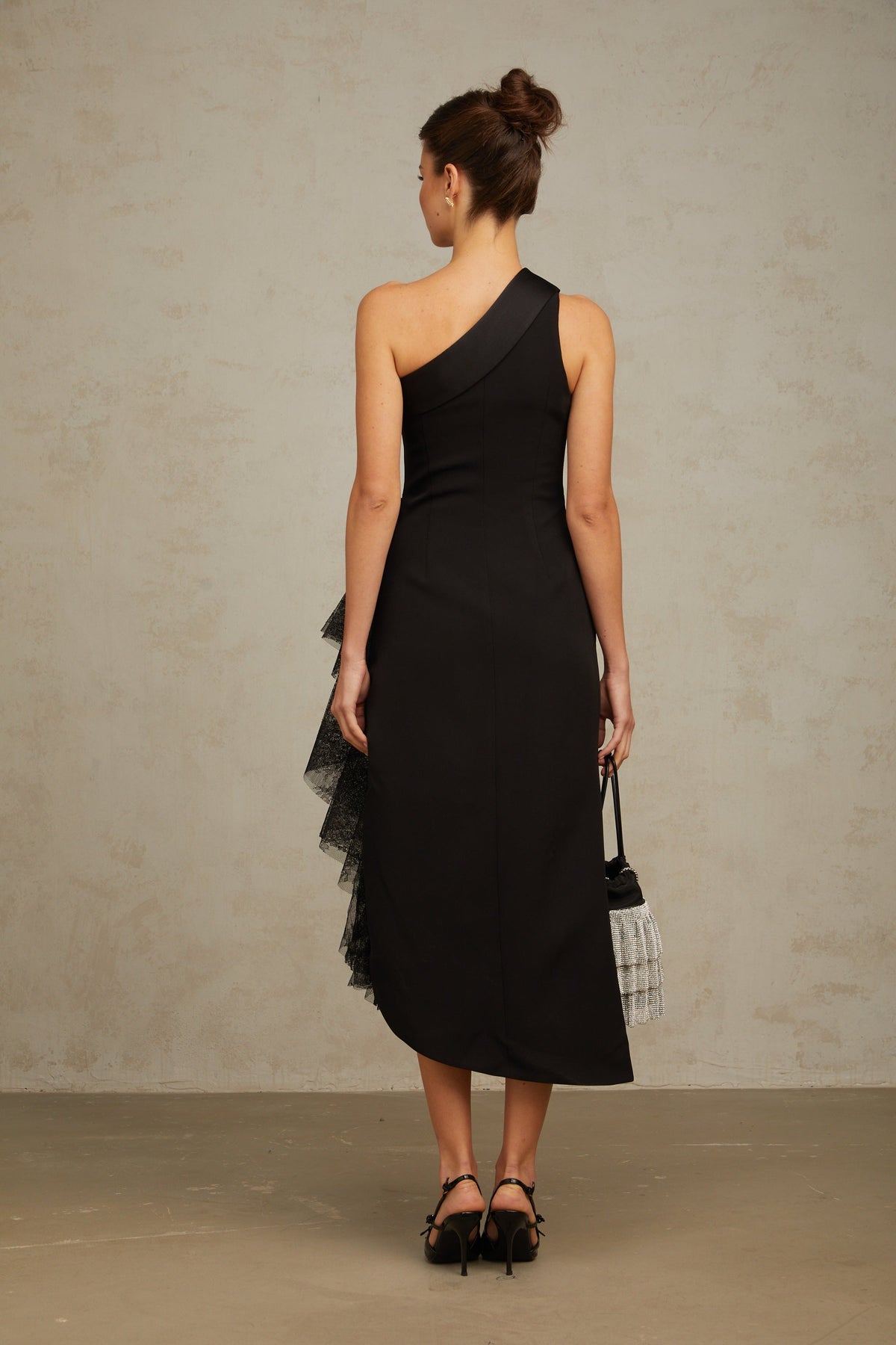 Bernadette black lace-panell asymmetrical midi dress (Final Sale)