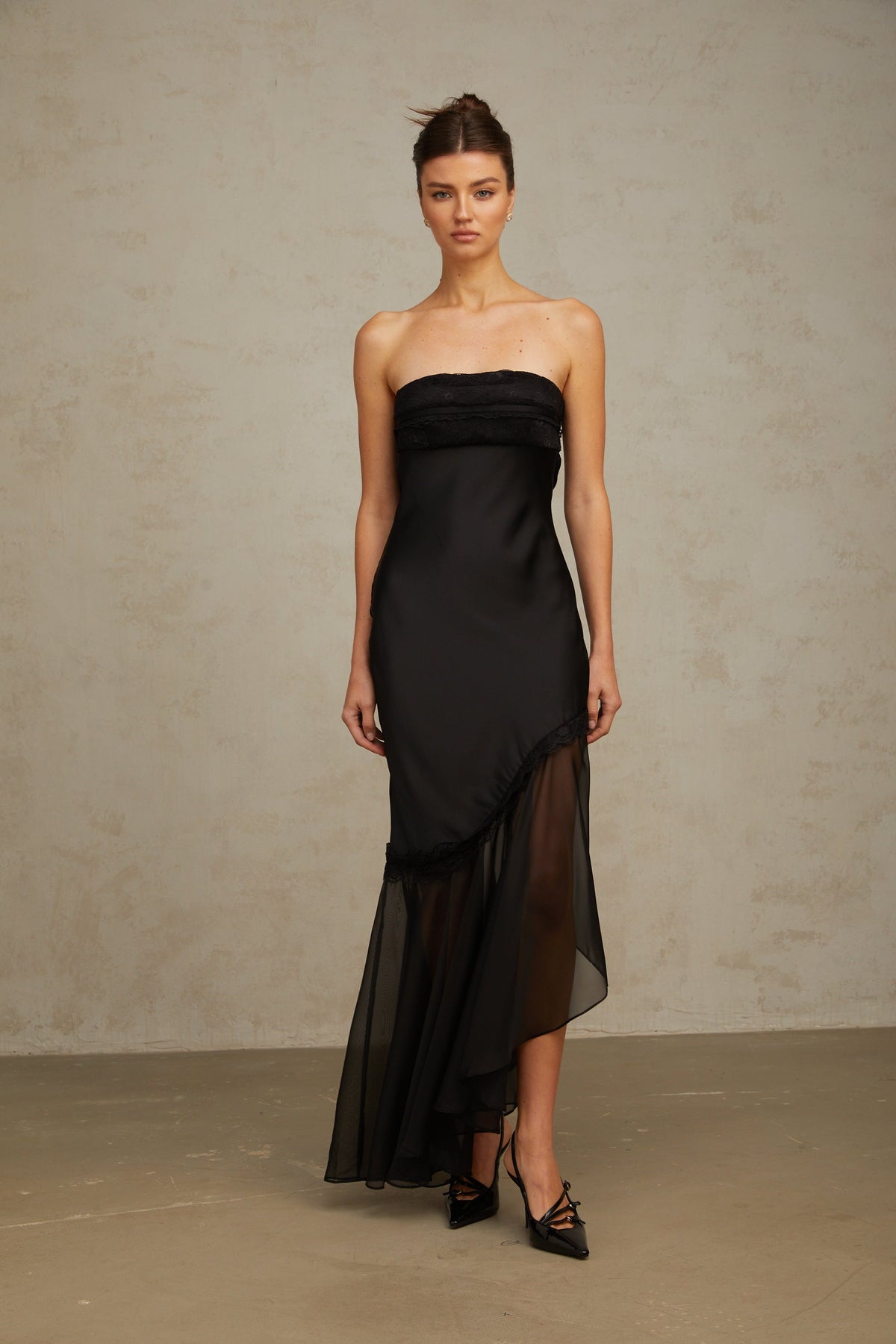 Bernadette black tulle-panelling satin maxi dress